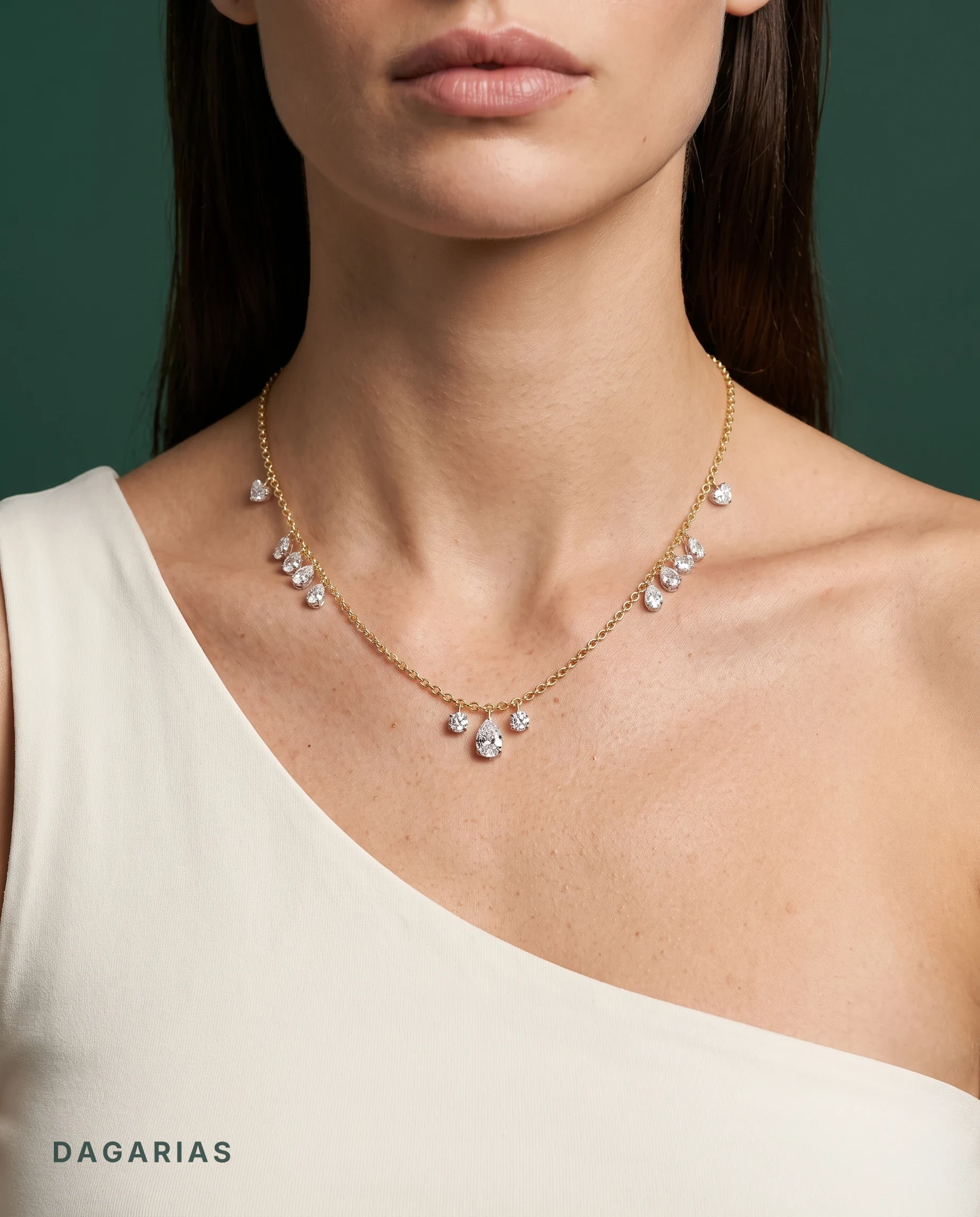 Juliana, Mixed Shape Drop Necklace in Yellow Gold, mixed, worn