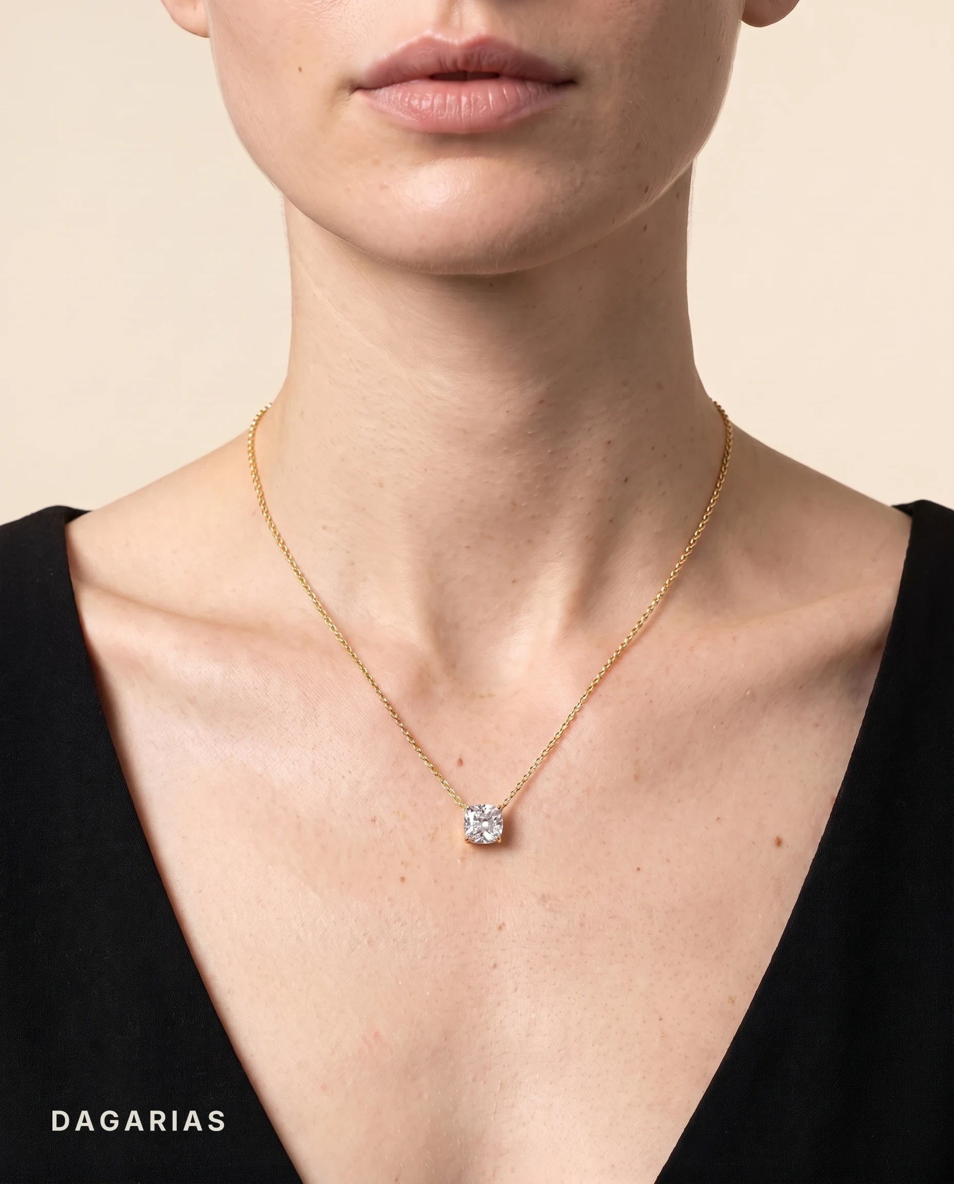 Katarina, Cushion Solitaire Pendant in Yellow Gold, cushion, worn