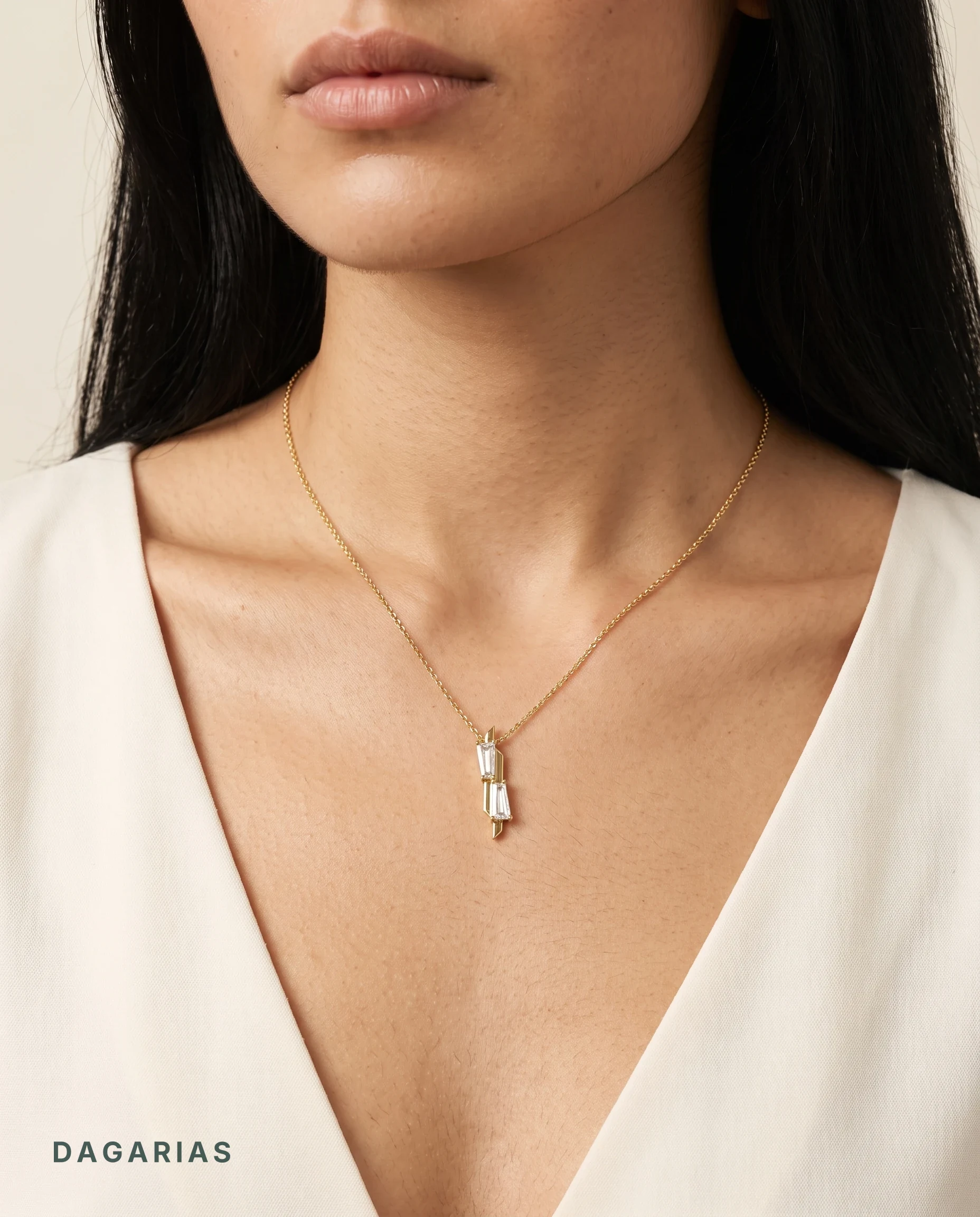 Liliana, Tapered Baguette Bar Pendant in Yellow Gold, baguette, worn