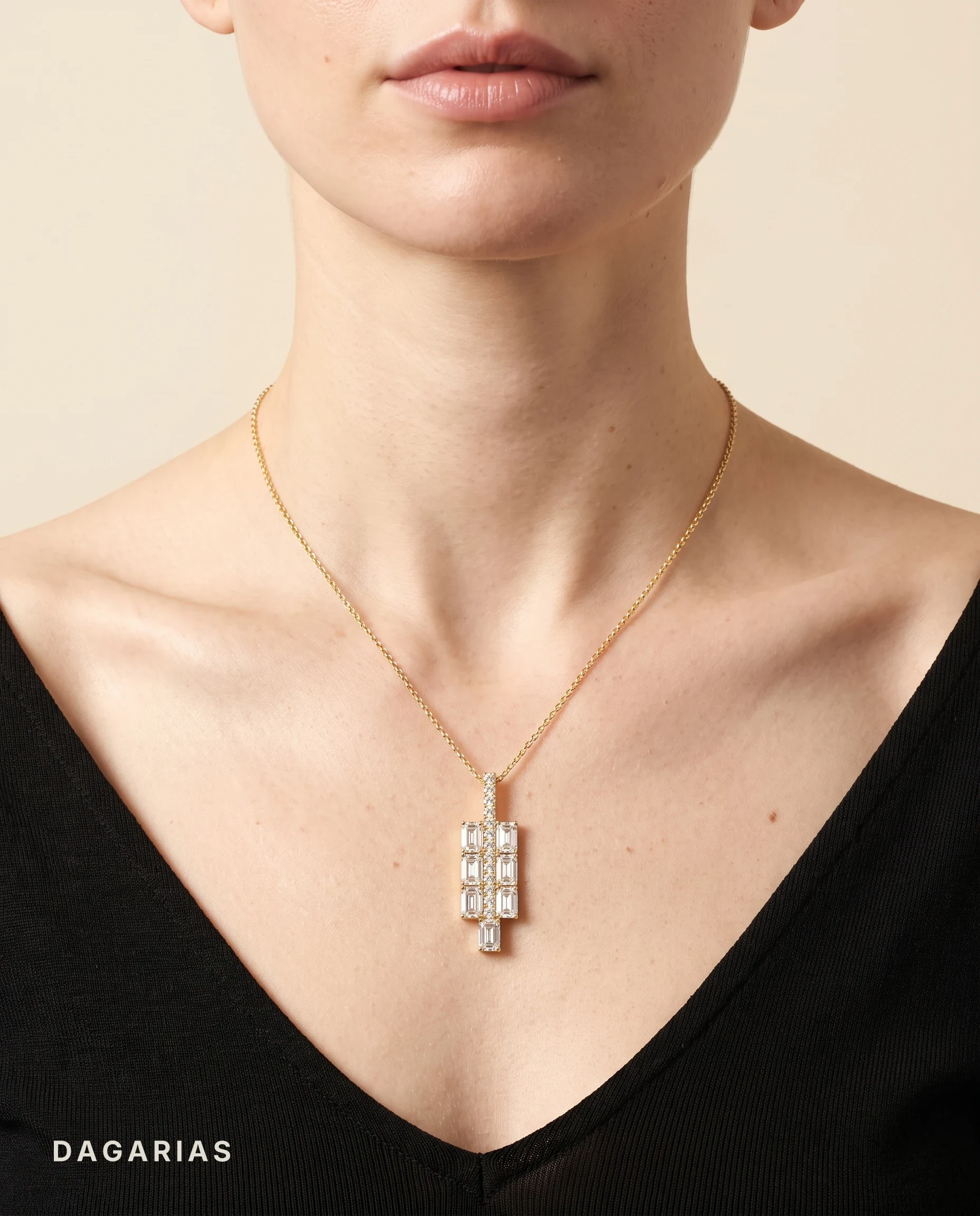 Sabine, Emerald Cut Cluster Bar Pendant in Yellow Gold, emerald, worn