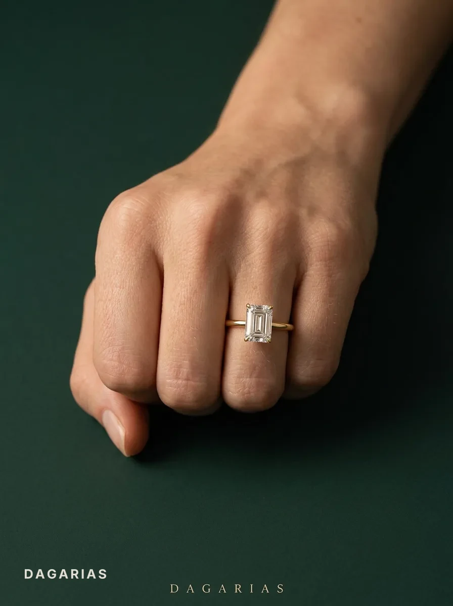 Fjord, Emerald-Cut Solitaire in Yellow Gold, emerald, worn