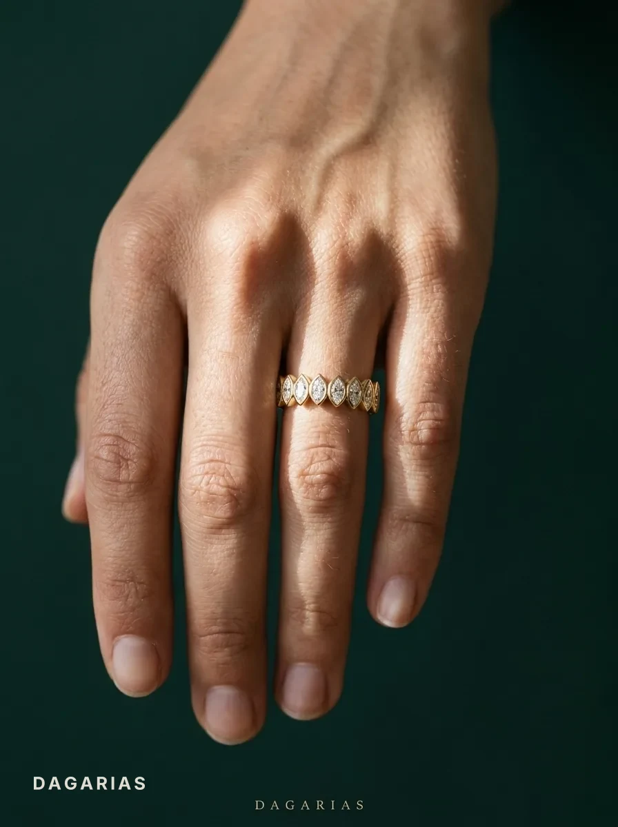 Brine, Marquise Bezel Band in Yellow Gold, marquise, worn