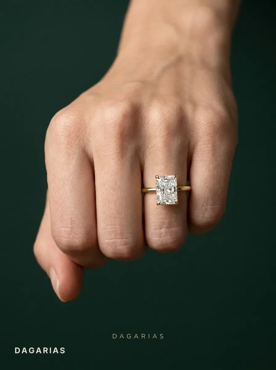 Foam, Radiant Hidden-Halo Solitaire in Yellow Gold, radiant, worn
