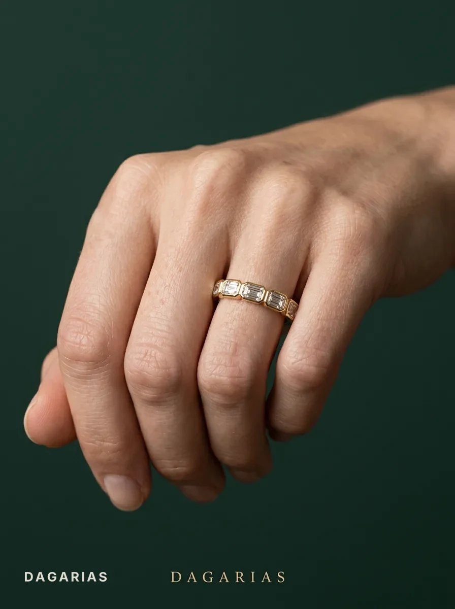 Calla, Emerald-Cut Bezel Band in Yellow Gold, emerald, worn