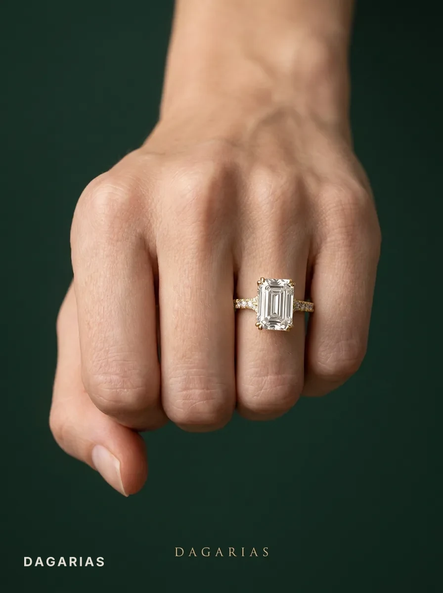 Gannet, Emerald-Cut Cross-Band Solitaire in Yellow Gold, emerald, worn