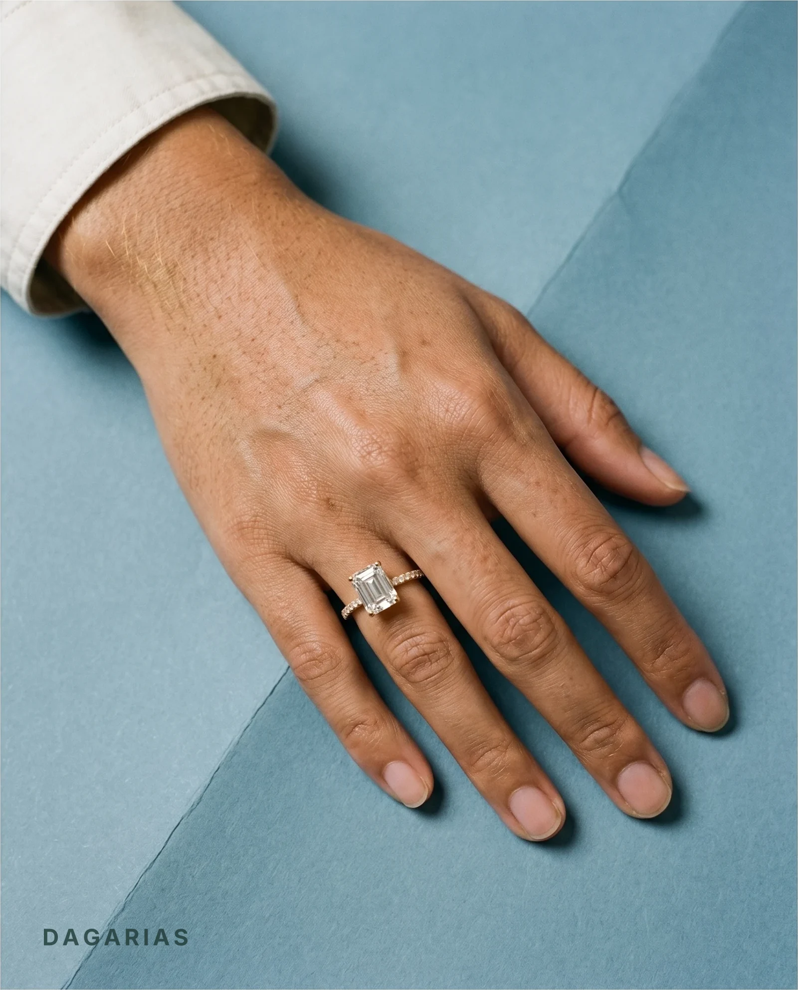 Sloe, Four Prong Emerald Solitaire, Pavé Band, Low Set in Yellow Gold, emerald, worn