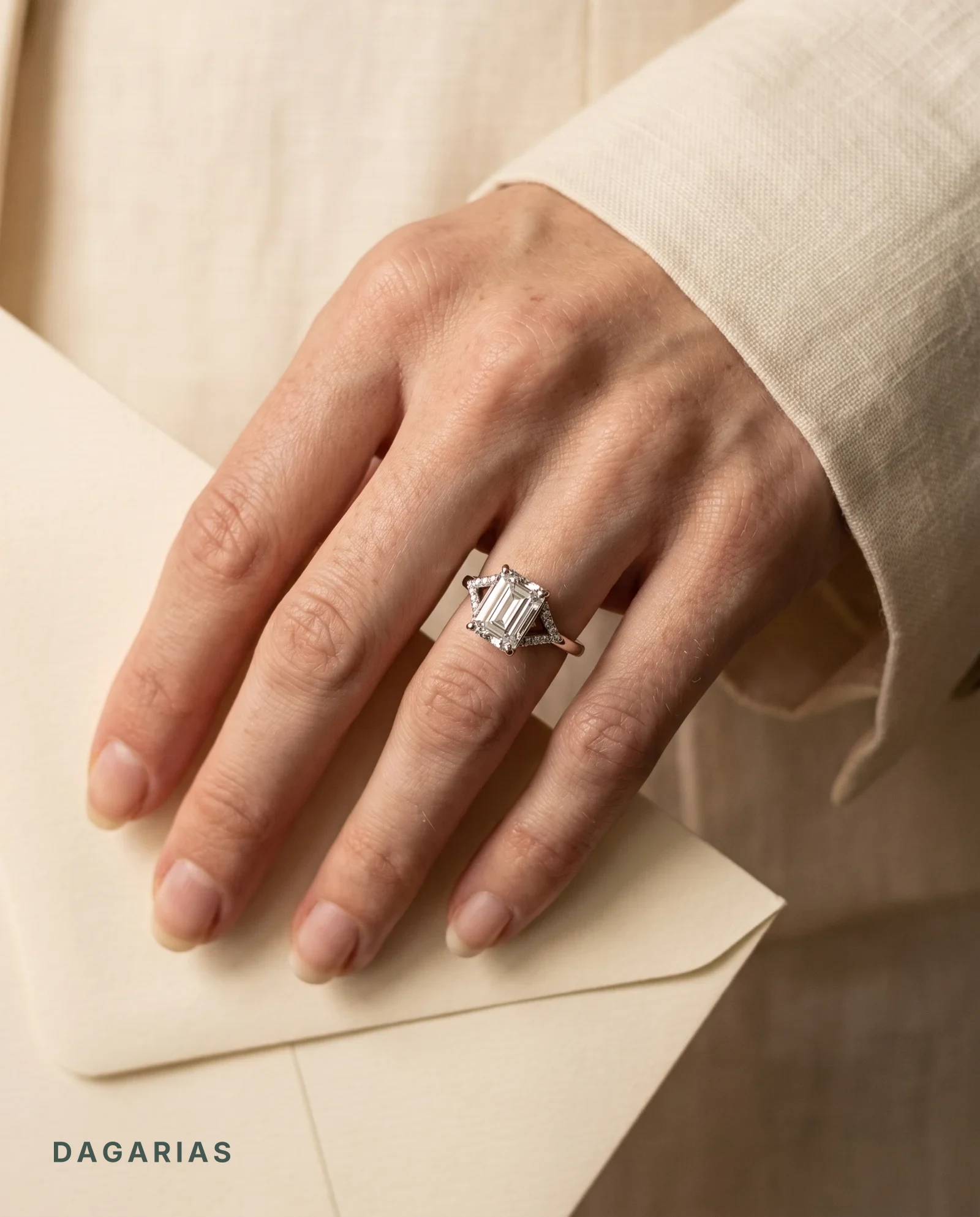 Wren, Four Prong Emerald Solitaire, Pavé Band, Split Shank, Wrapped Head in White Gold, emerald, worn