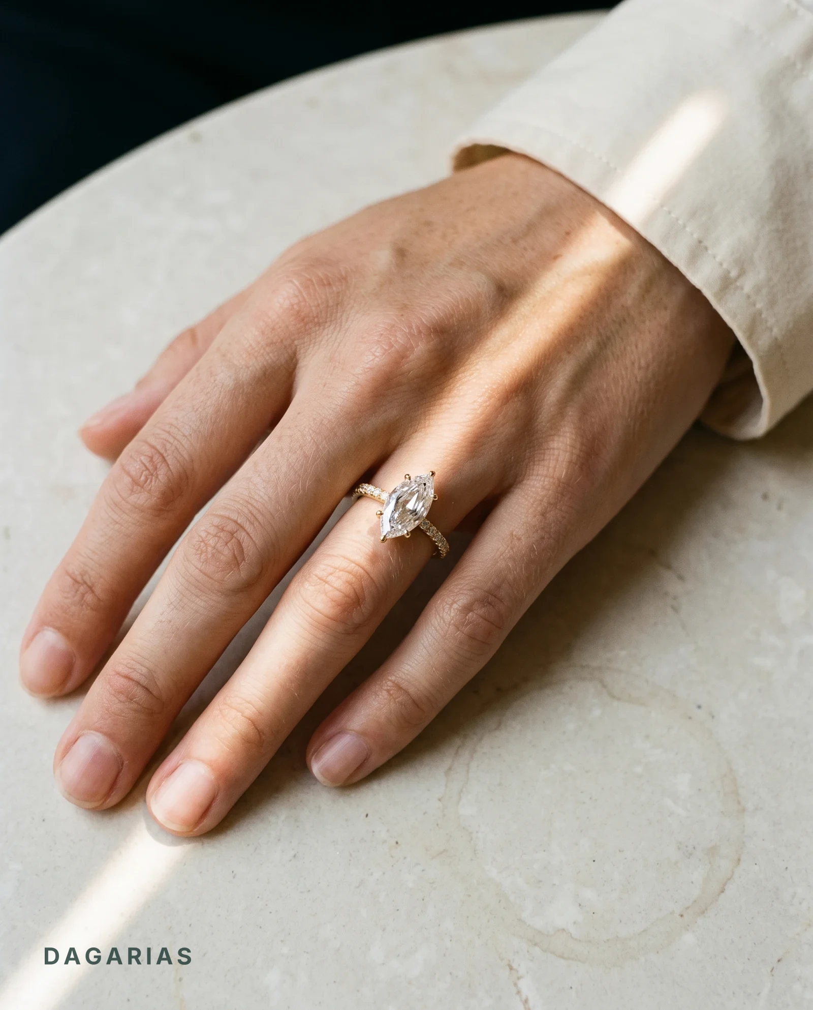 Aster, Six Prong Step-cut Marquise Solitaire, Fine Pavé Band in Yellow Gold, marquise, worn