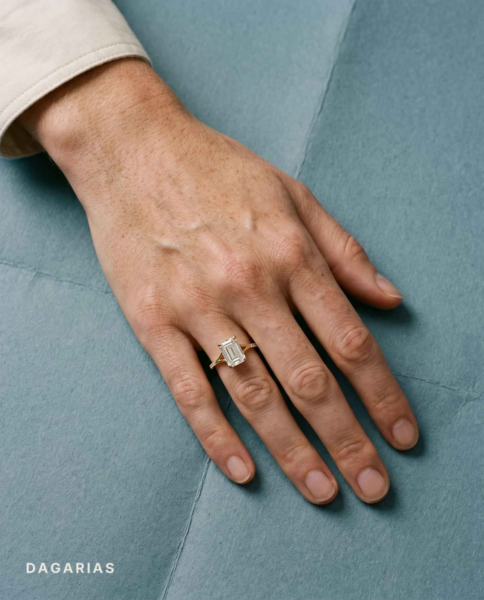 Dhriya, Four Prong Emerald Solitaire, Pavé Band, Split Shank, Cathedral in Yellow Gold, emerald, worn