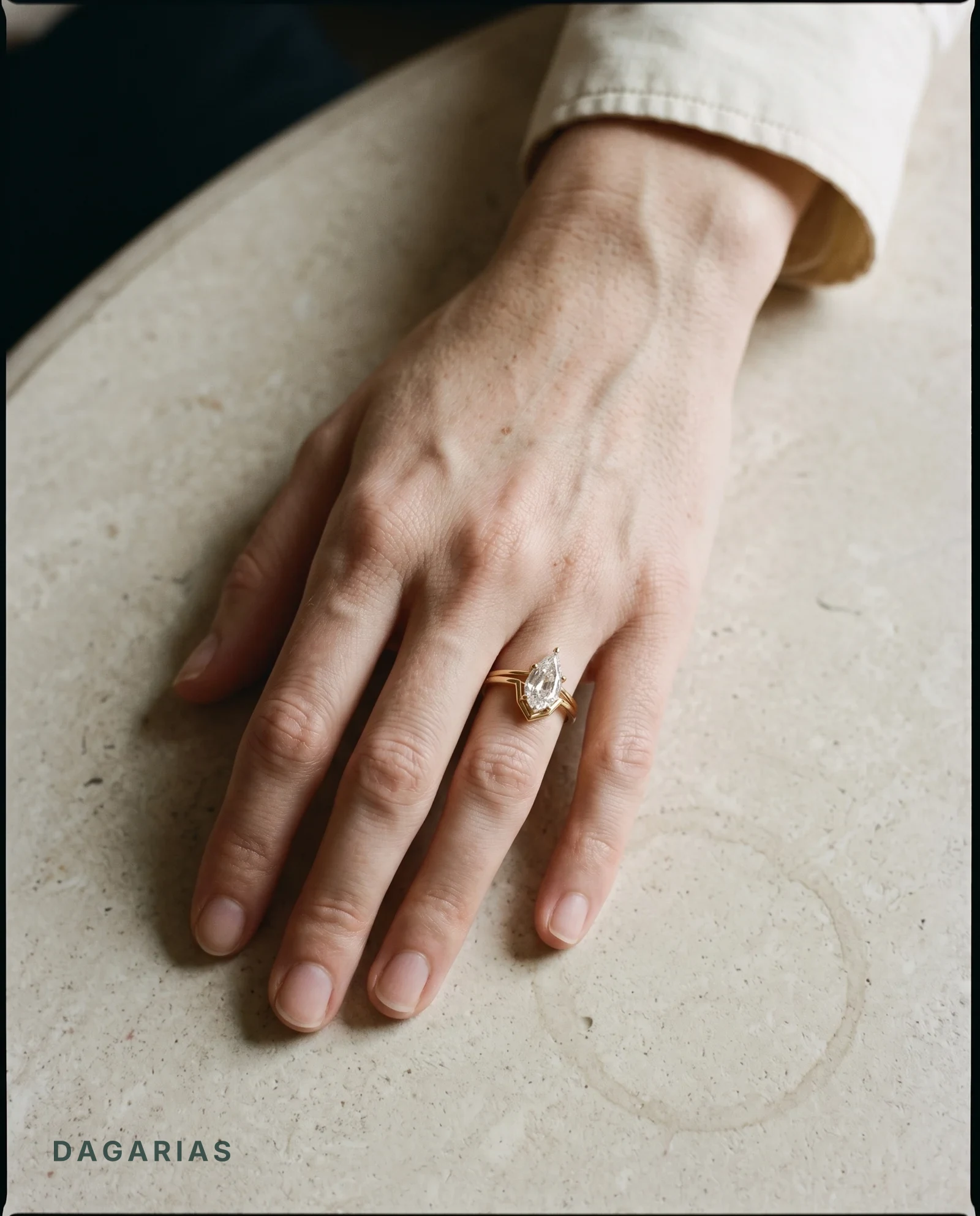 Glen, Six Prong Step-cut Pear Solitaire, Chevron Band in Yellow Gold, pear, worn
