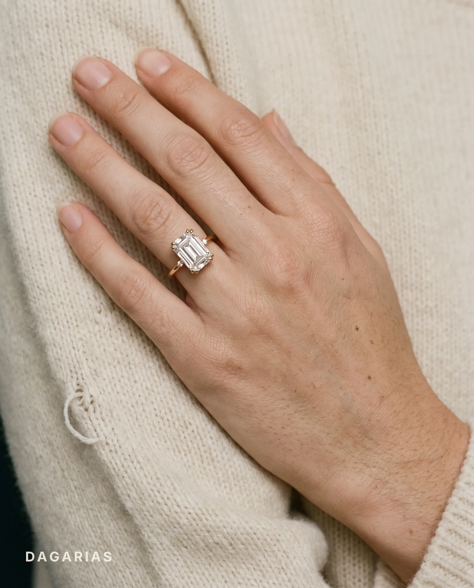 Haven, Double Claw Emerald Solitaire, One Small Stone Each Side in Yellow Gold, emerald, worn