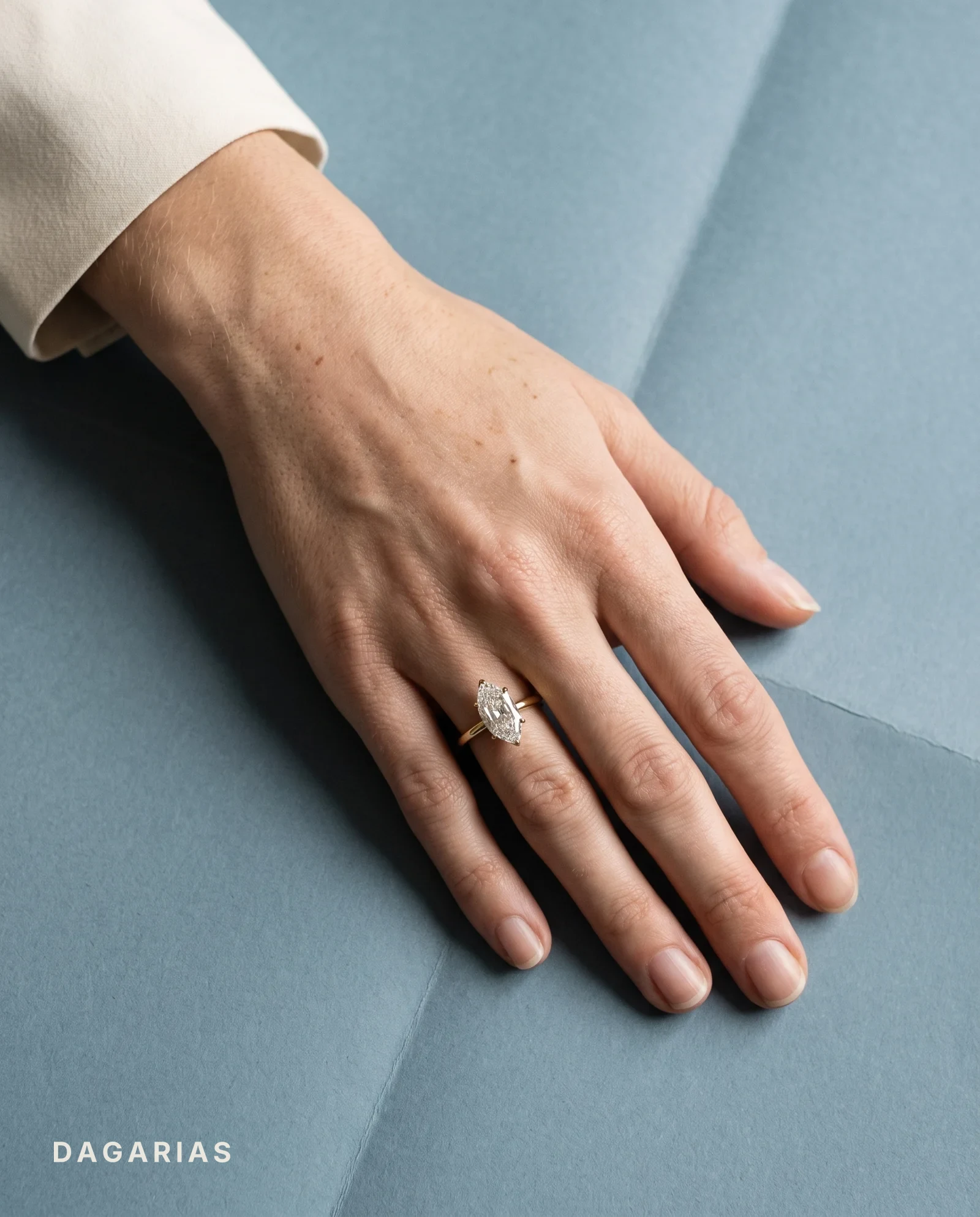 Juniper, Six Prong Step-cut Oval Solitaire, Slim Band in Yellow Gold, oval, worn