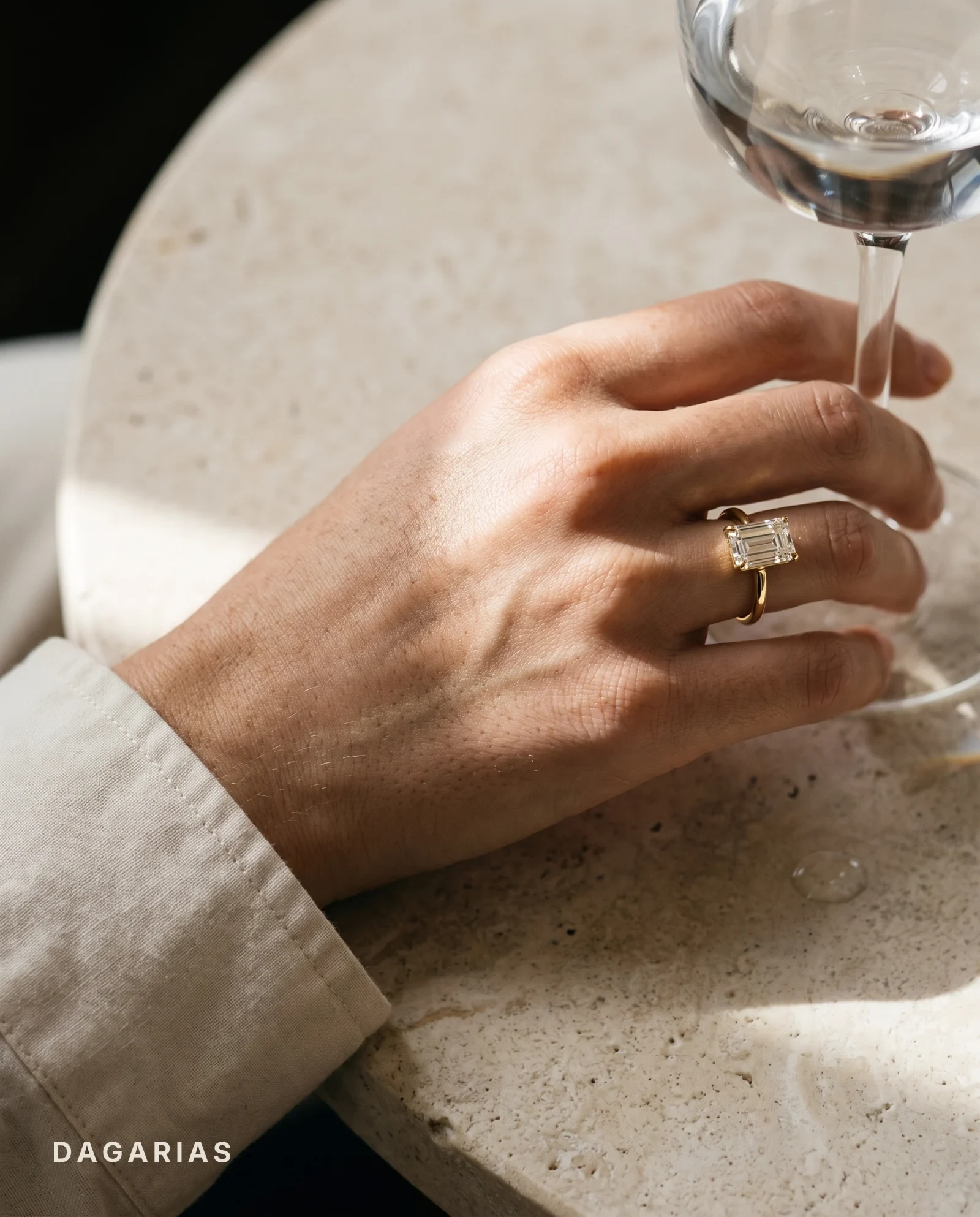 Knoll, Four Prong Emerald Solitaire, Tapered Cathedral Band in Yellow Gold, emerald, worn