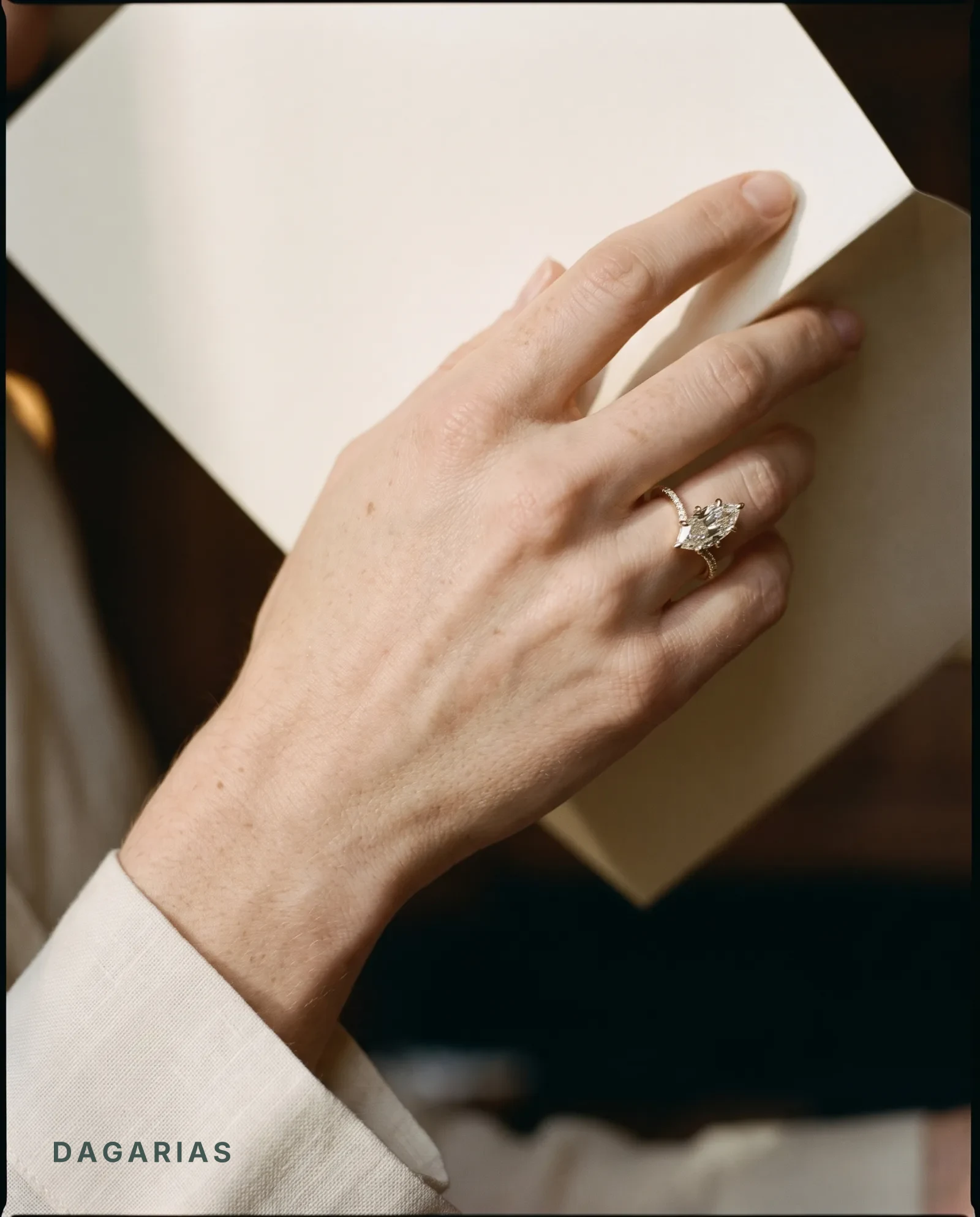 Lark, Six Prong Step-cut Marquise Solitaire, Chevron Pavé Band in Yellow Gold, marquise, worn
