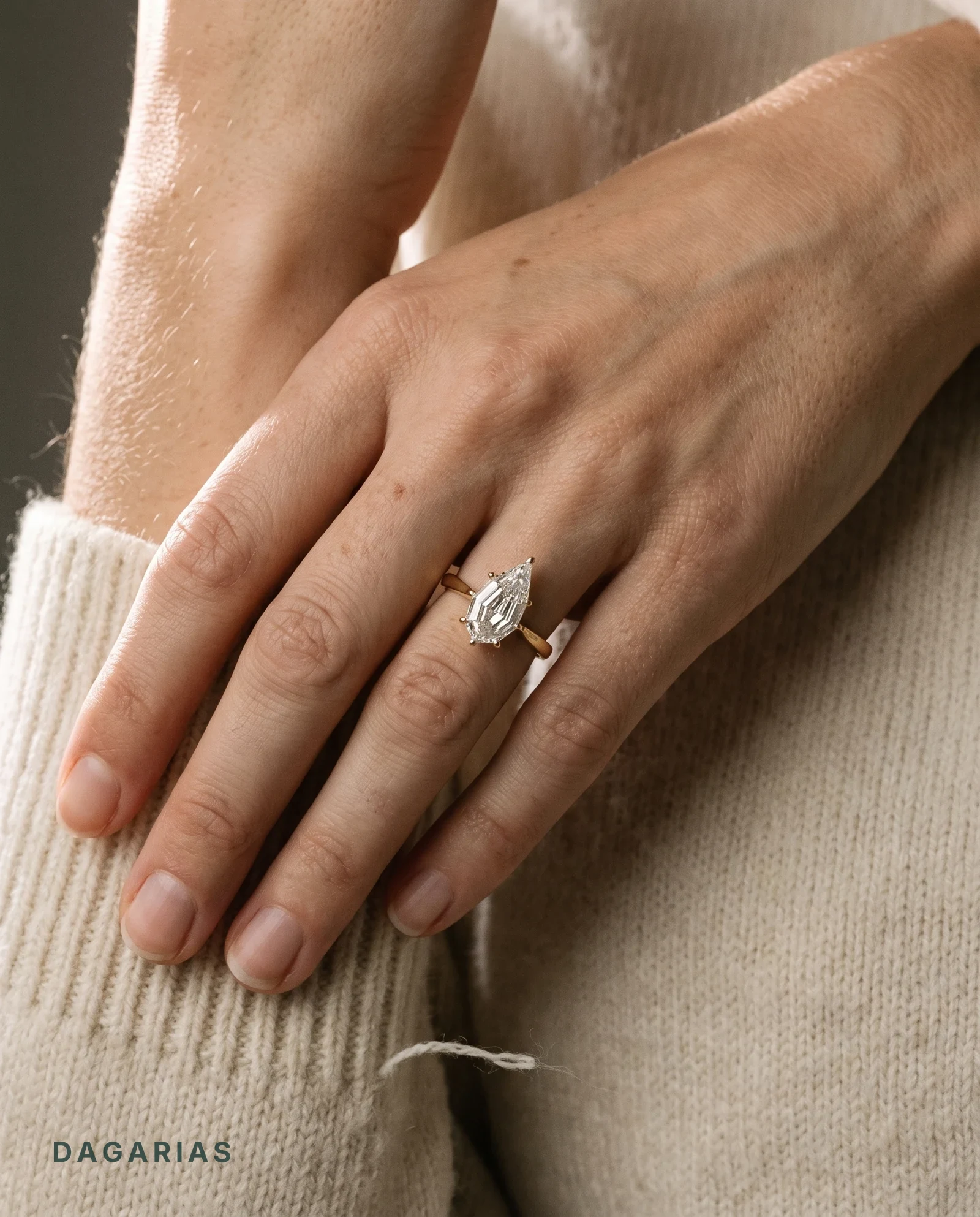 Nook, Six Prong Step-cut Pear Solitaire, Tapered Cathedral Band in Yellow Gold, pear, worn