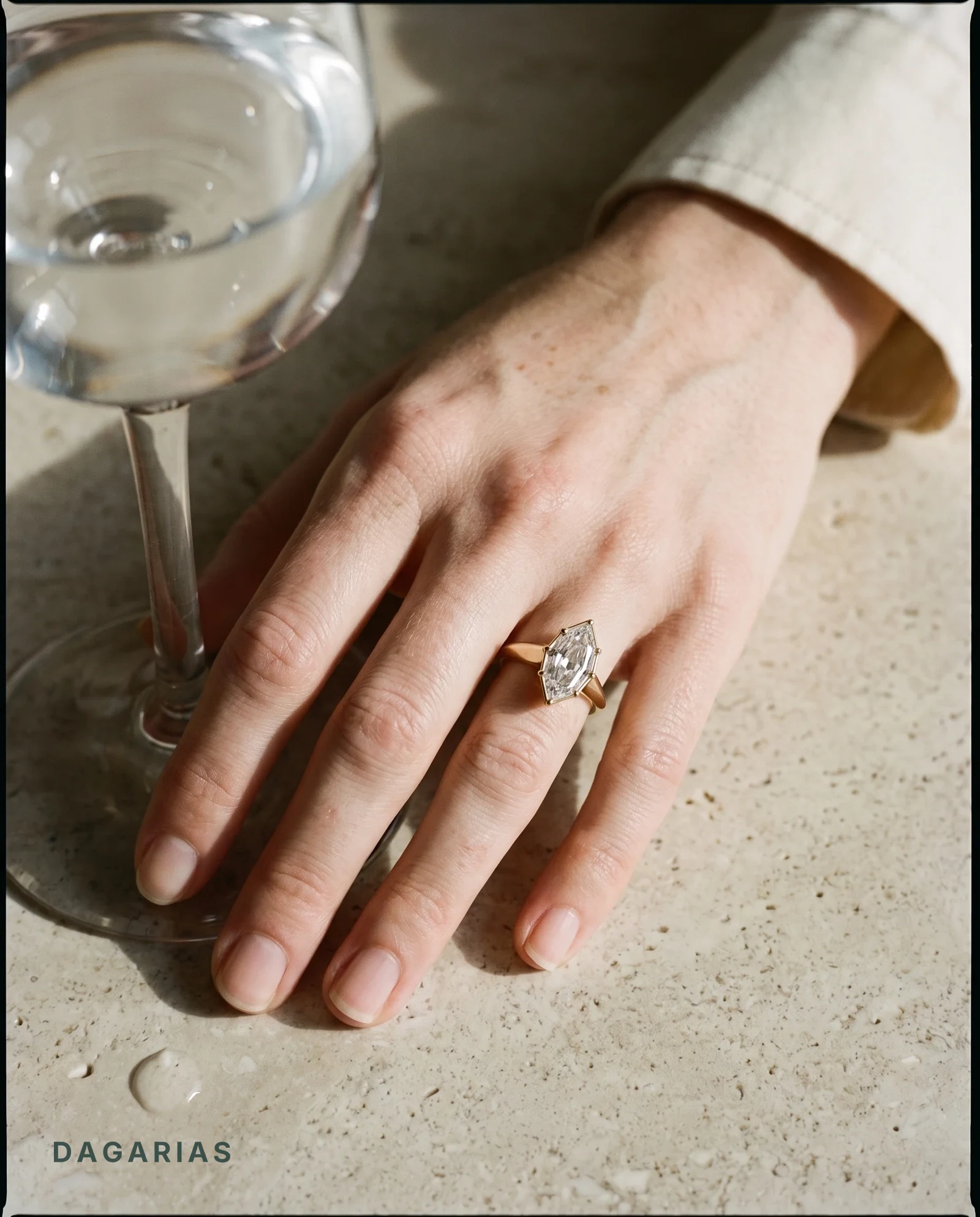 Slate, Six Prong Step-cut Marquise Solitaire, Slim Cathedral Band in Yellow Gold, marquise, worn