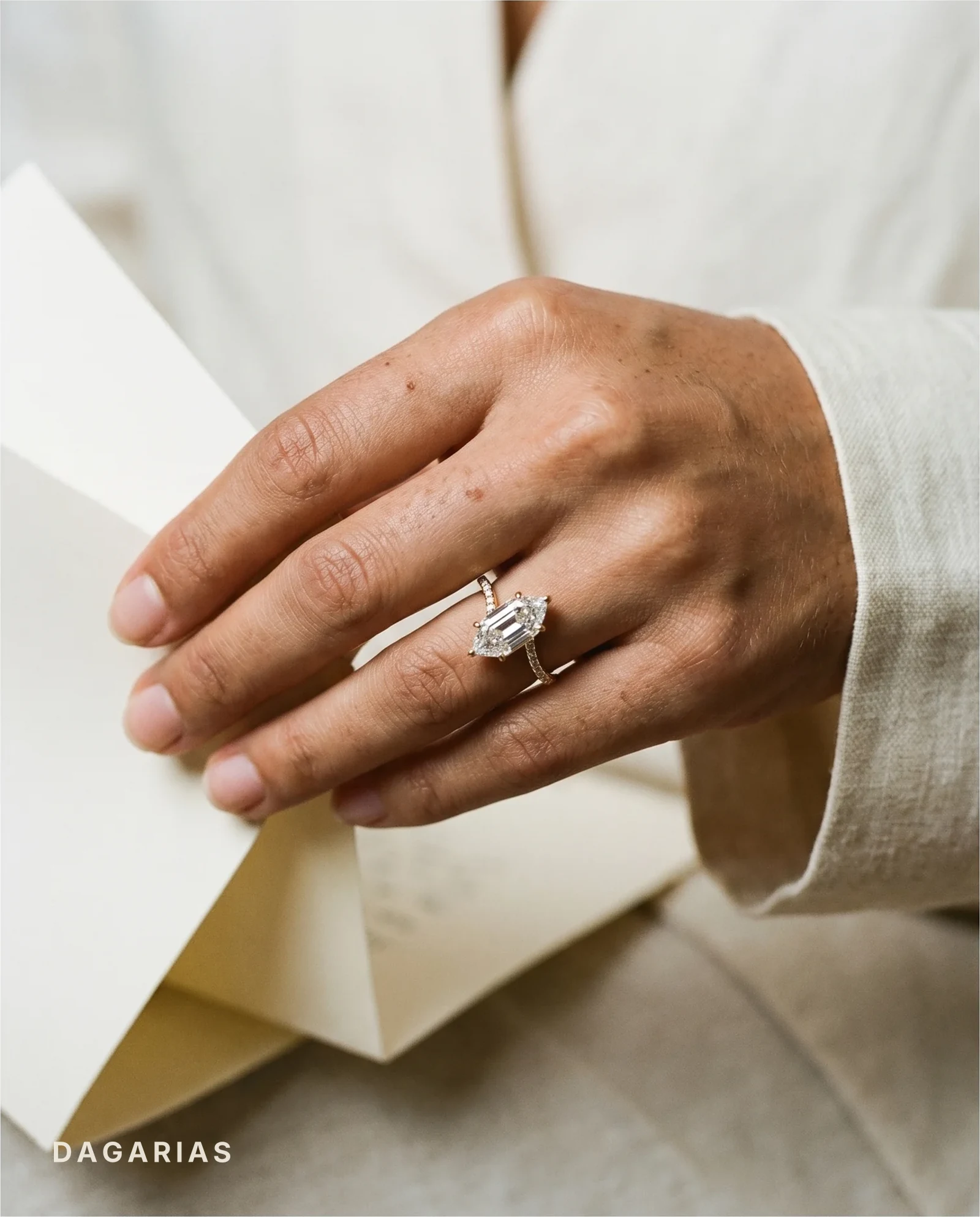Thistle, Six Prong Step-cut Marquise Solitaire, Twisted Pavé Band in Yellow Gold, marquise, worn