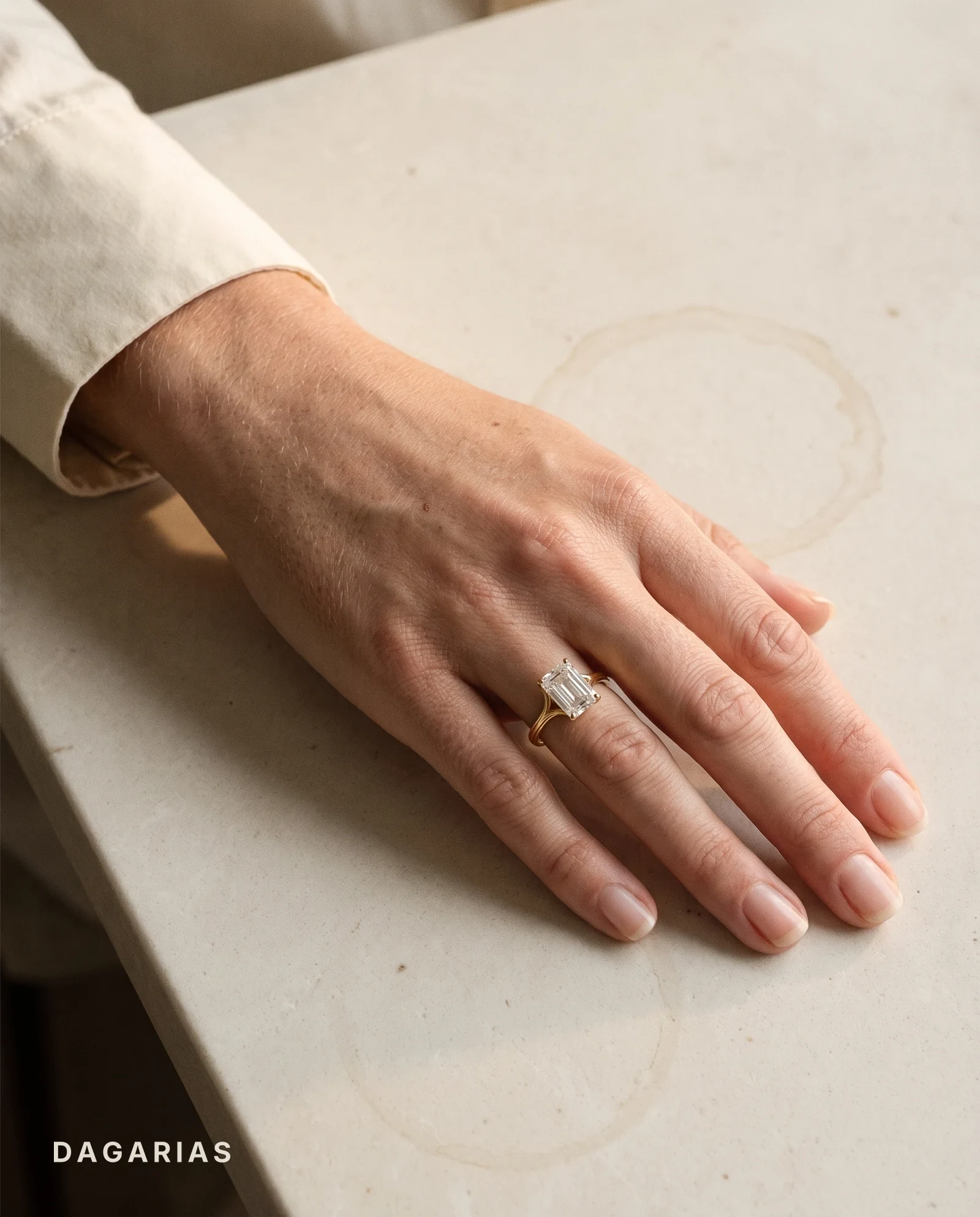 Hazel, Four Prong Emerald Solitaire, Split Shank, Grooved Band in Yellow Gold, emerald, worn
