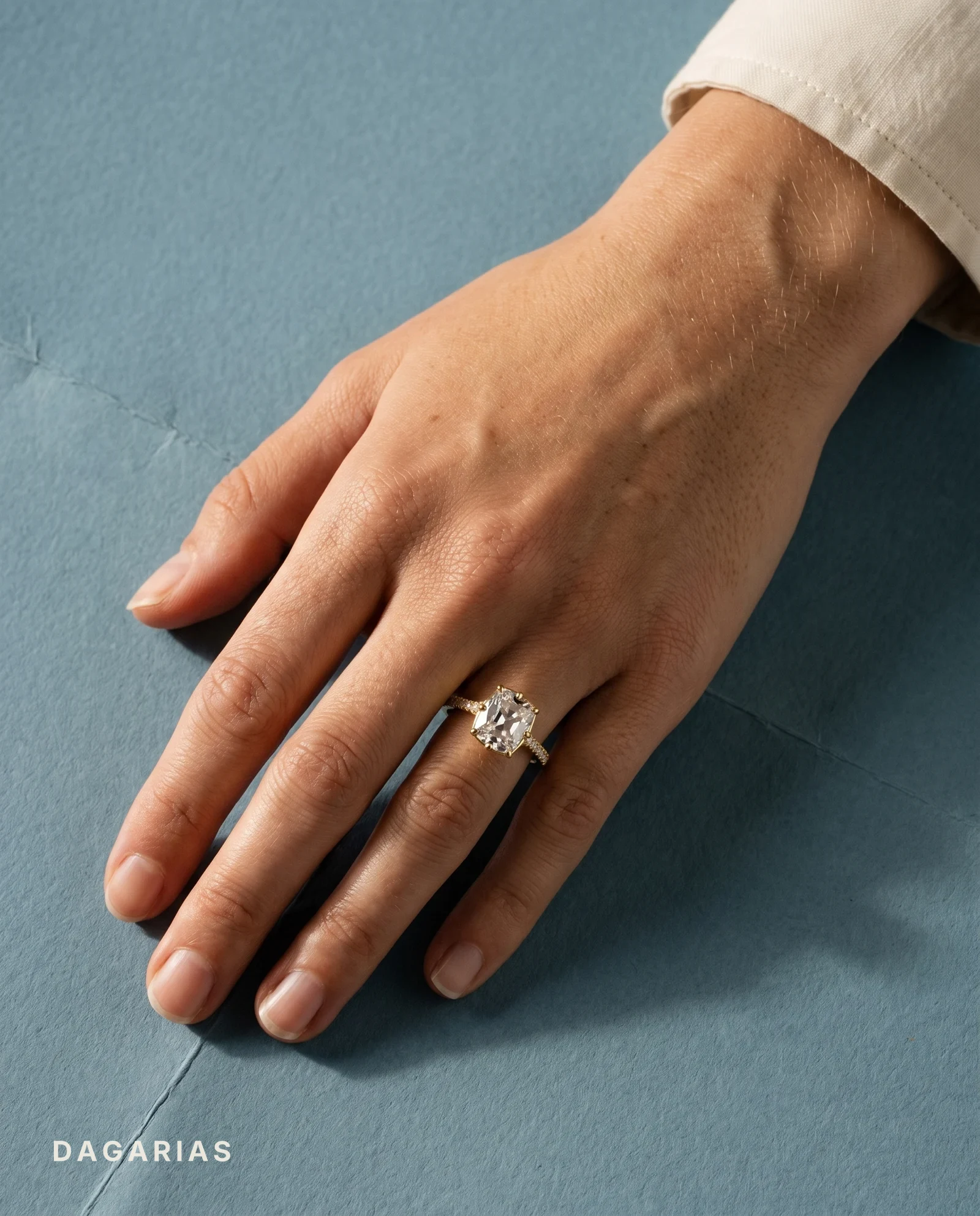 Zephyr, Double Claw Cushion Solitaire, Pavé Band, Pavé Arms in Yellow Gold, cushion, worn