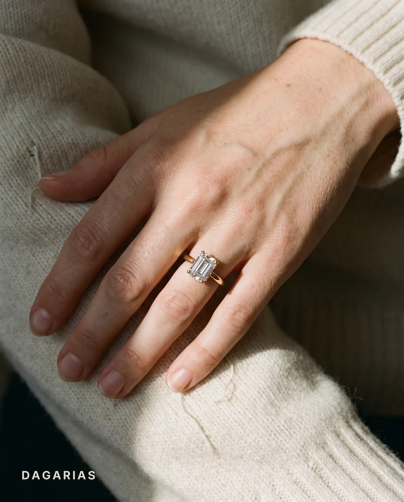 Ebb, Double Claw Emerald Solitaire, Hidden Halo in Yellow Gold, emerald, worn
