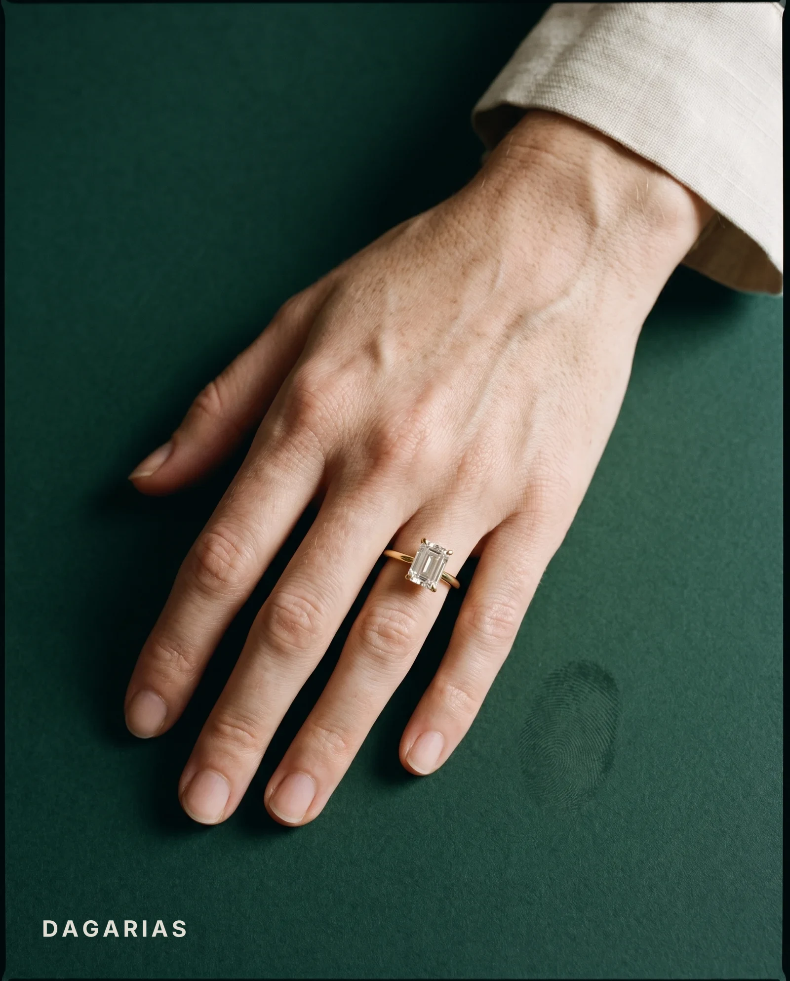Frost, Four Prong Emerald Solitaire, Hidden Halo, Fine Wire Band in Yellow Gold, emerald, worn