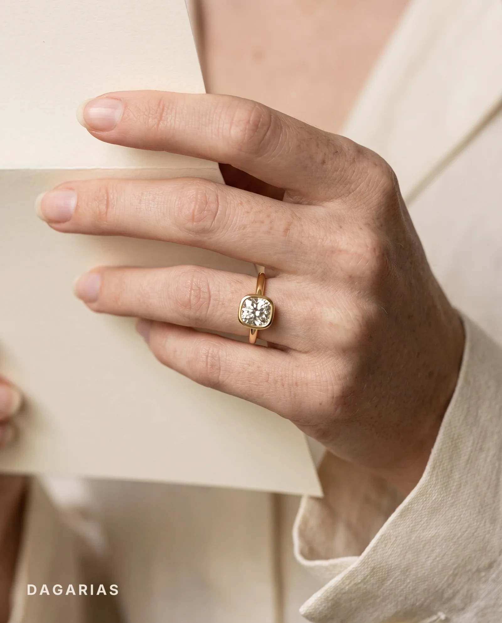 Ink, Half Bezel Cushion Solitaire in Yellow Gold, cushion, worn
