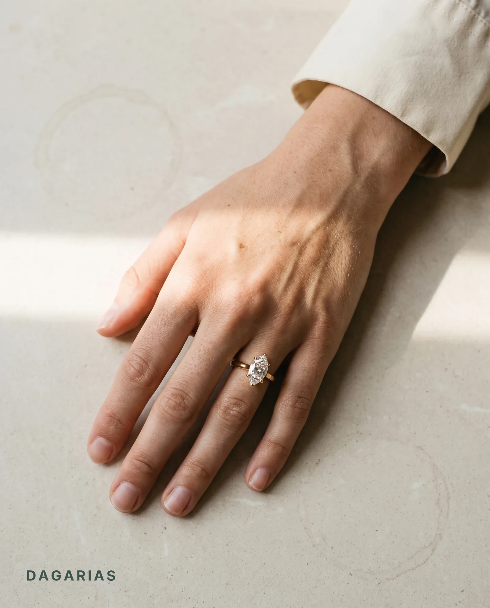 Jetty, Six Prong Marquise Solitaire, Hidden Halo, One Small Stone Each Side in Yellow Gold, marquise, worn