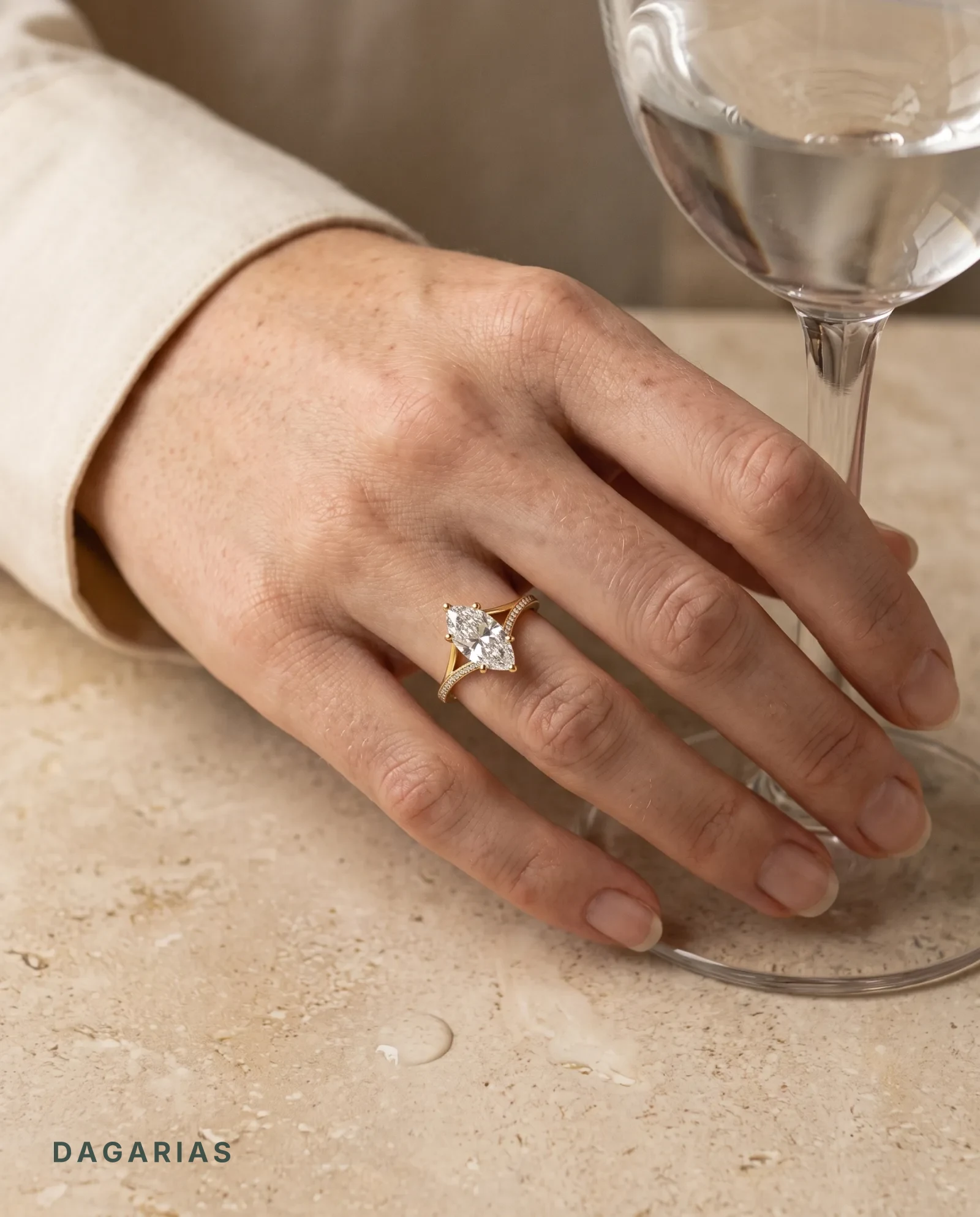 Plume, Six Prong Marquise Solitaire, Pavé Band in Yellow Gold, marquise, worn