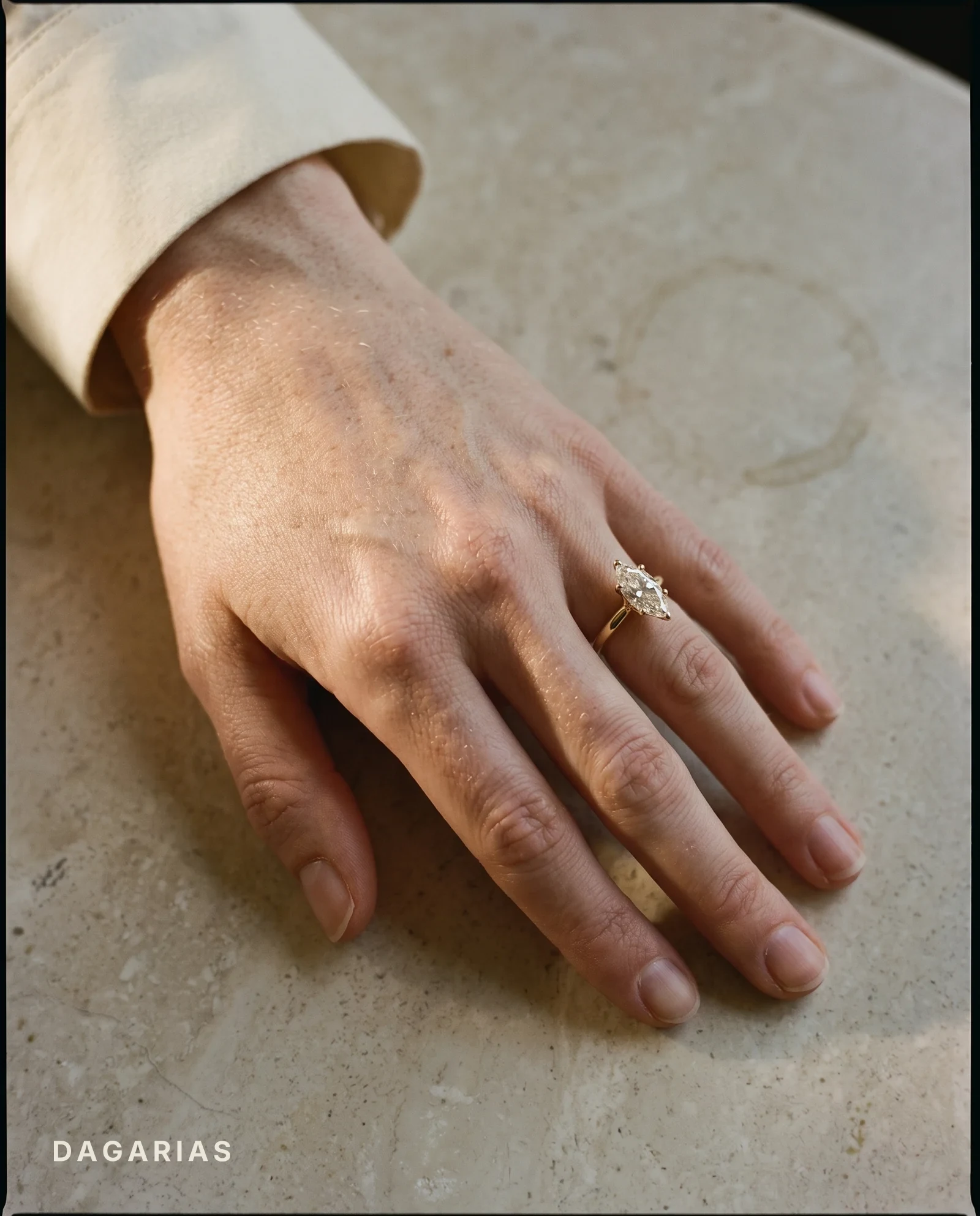 Shore, Six Prong Marquise Solitaire, One Small Stone Each Side in Yellow Gold, marquise, worn