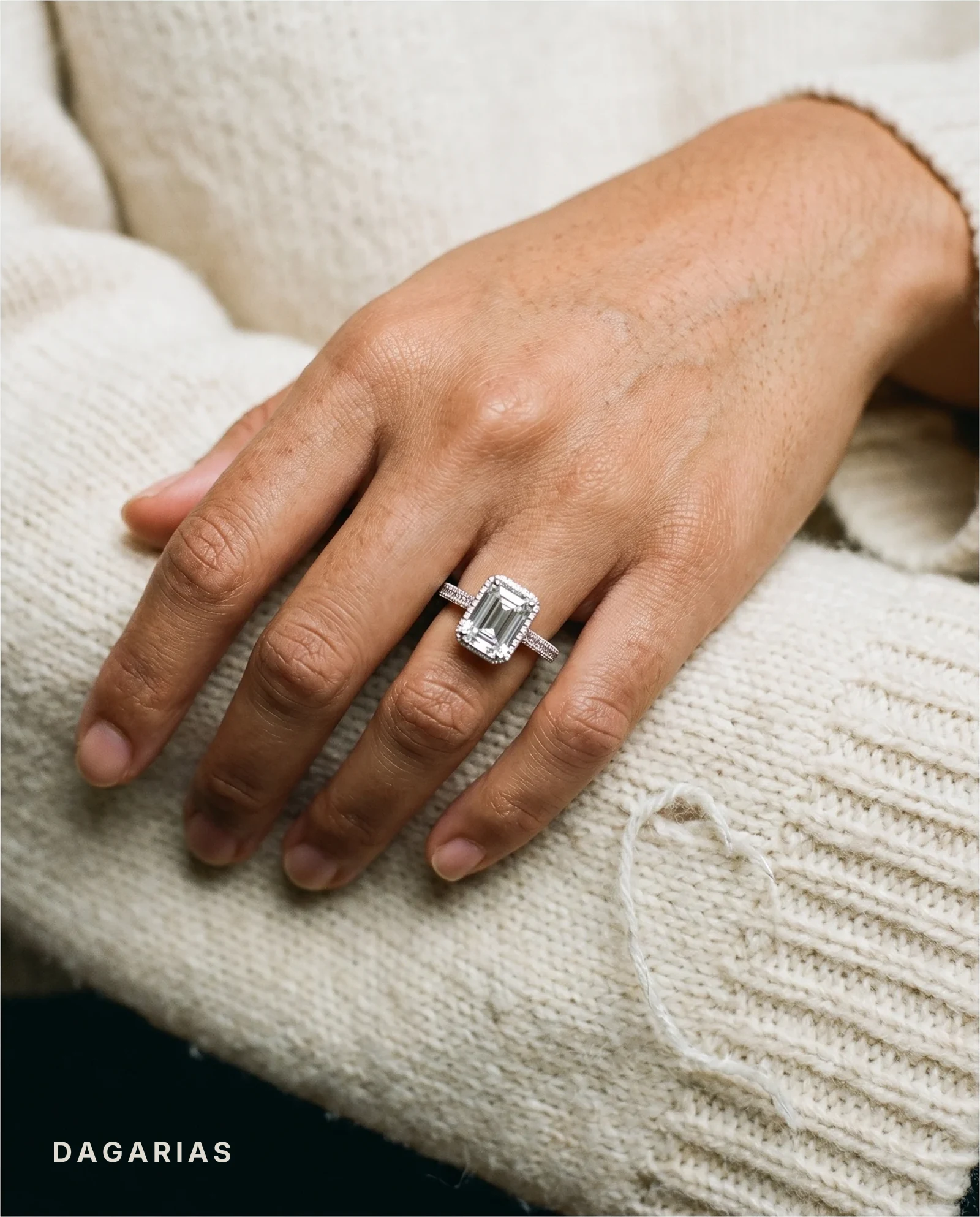 Tarn, Emerald Halo, Pavé Split Shank in White Gold, emerald, worn
