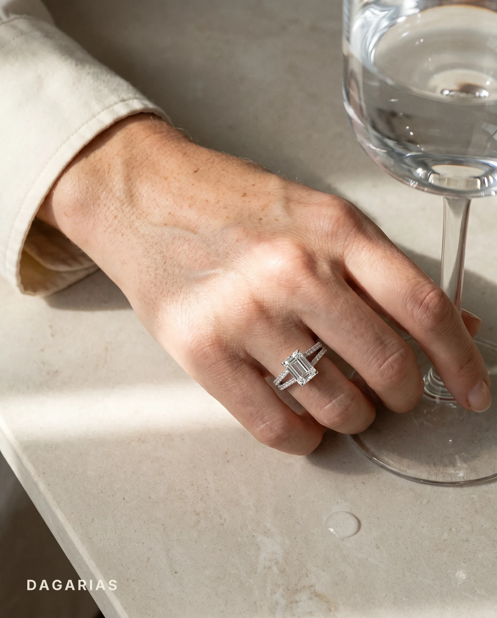 Alder, Four Prong Emerald Solitaire, Two-Row Pavé Band, Split Shank in White Gold, emerald, worn