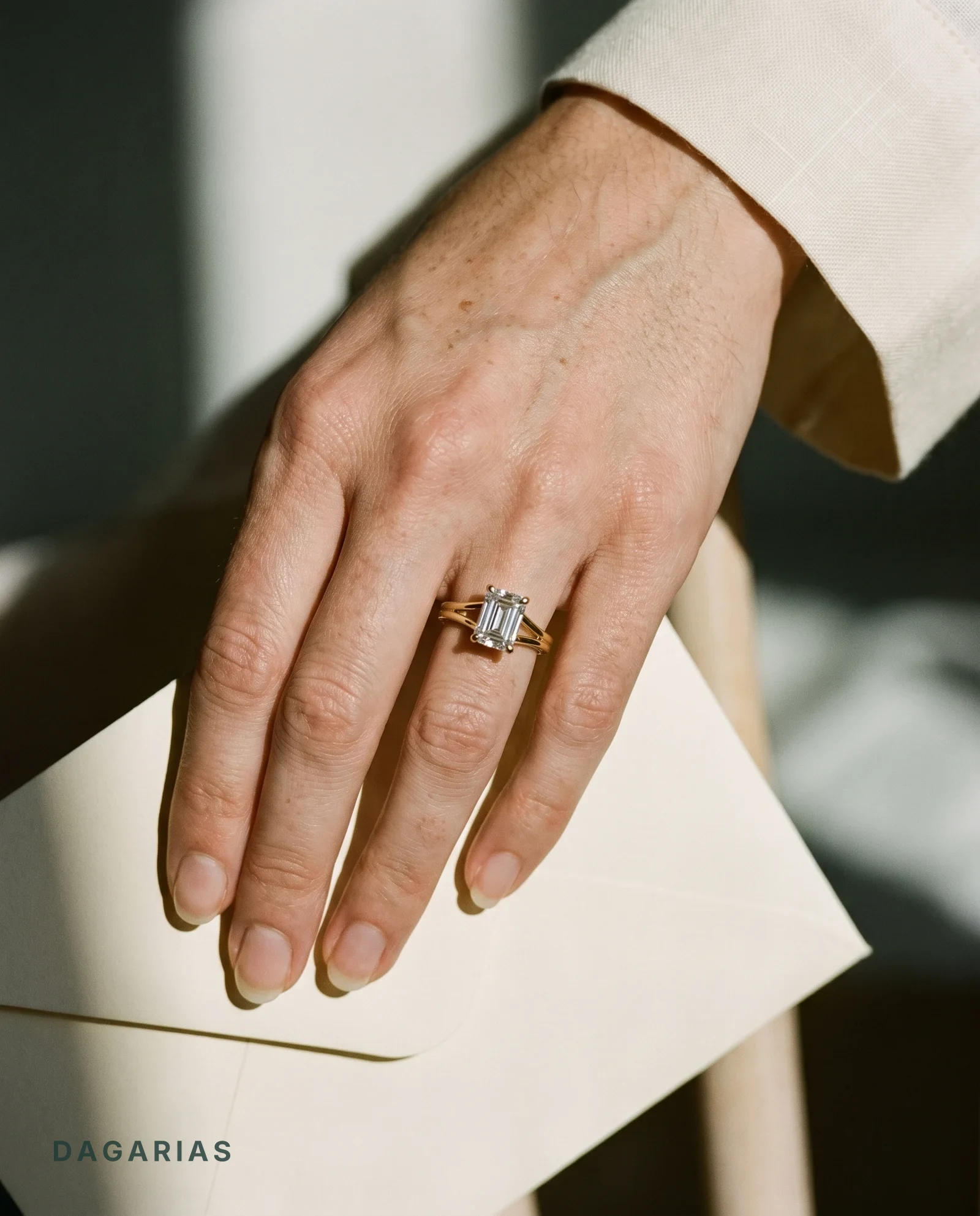 Bay, Four Prong Emerald Solitaire, Split Shank, Milgrain Edge in Yellow Gold, emerald, worn