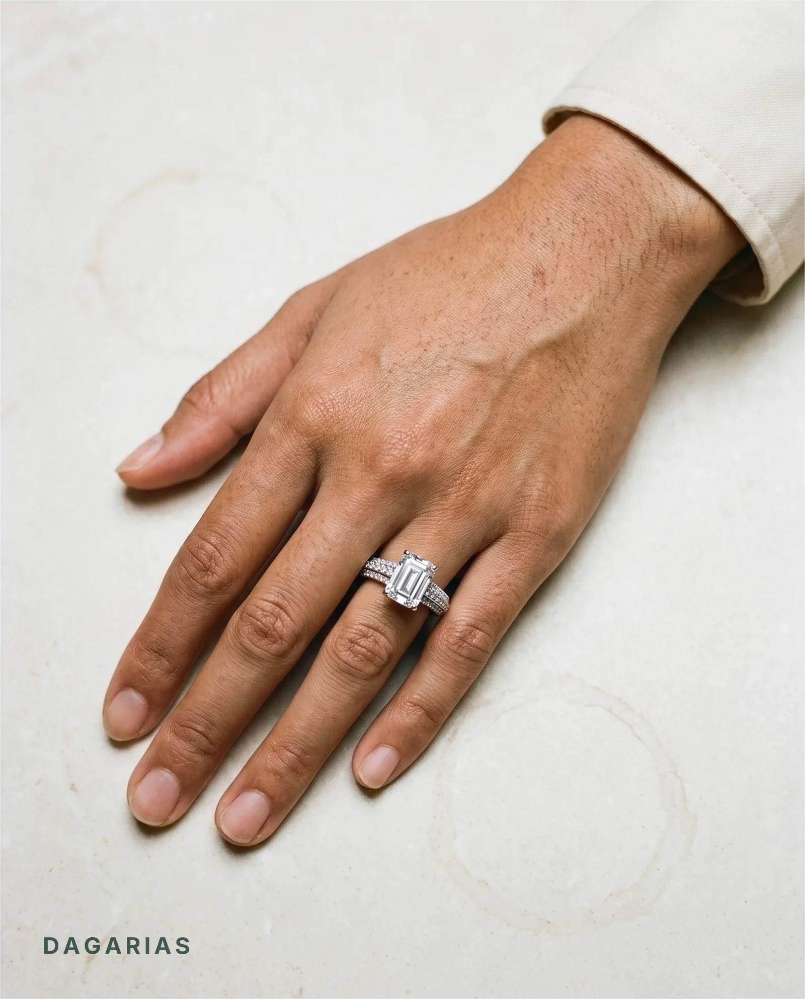 Eave, Four Prong Emerald Solitaire, Three-Row Pavé Band in White Gold, emerald, worn