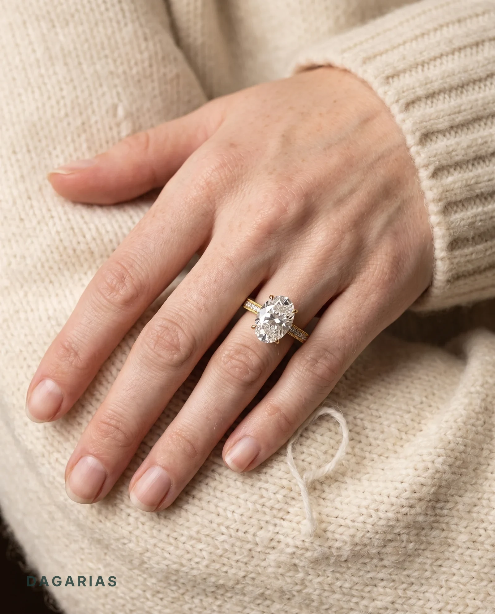 Fold, Four Prong Oval Solitaire, Milgrain Pavé Band in Yellow Gold, oval, worn