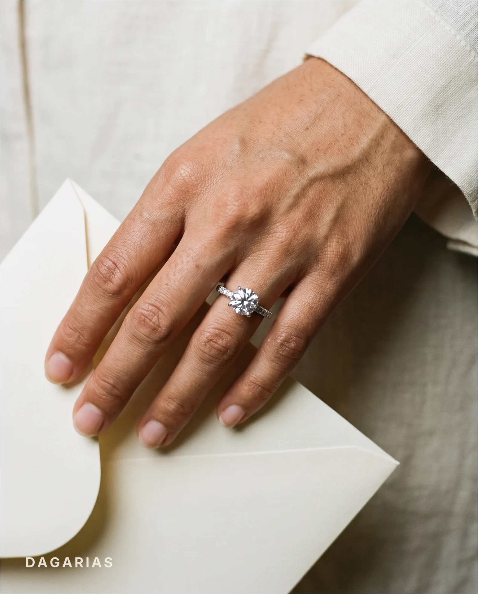 Keel, Four Prong Round Solitaire, Double Pavé Band in White Gold, round, worn