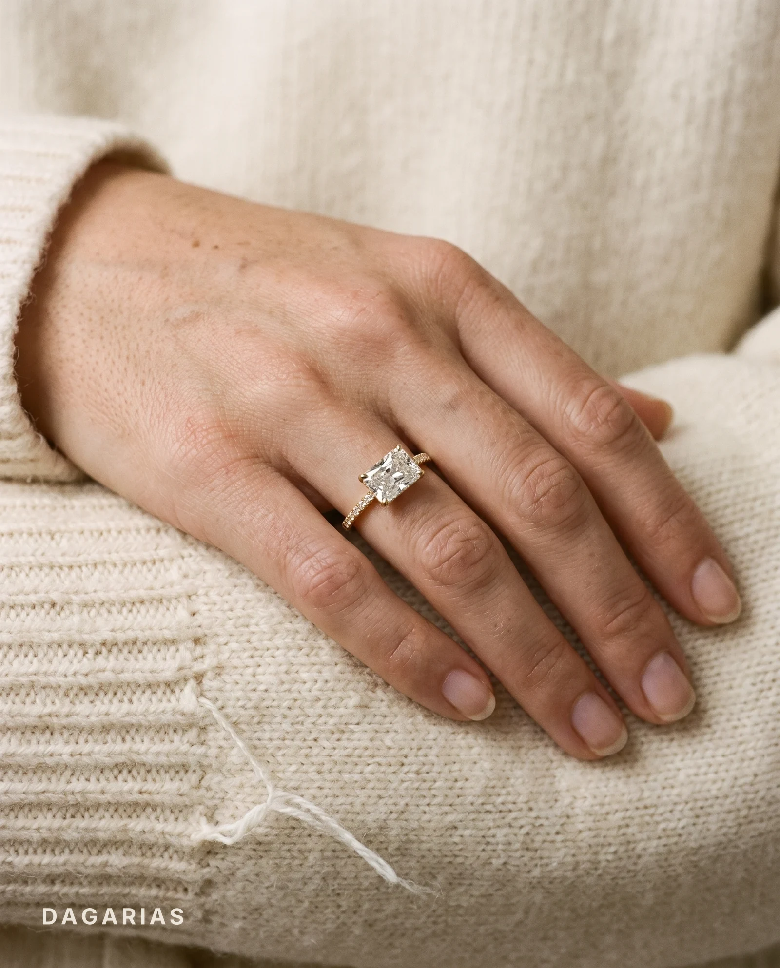 Moss, Four Prong Radiant East-West Solitaire, Pavé Band, Hidden Halo in Yellow Gold, radiant, worn