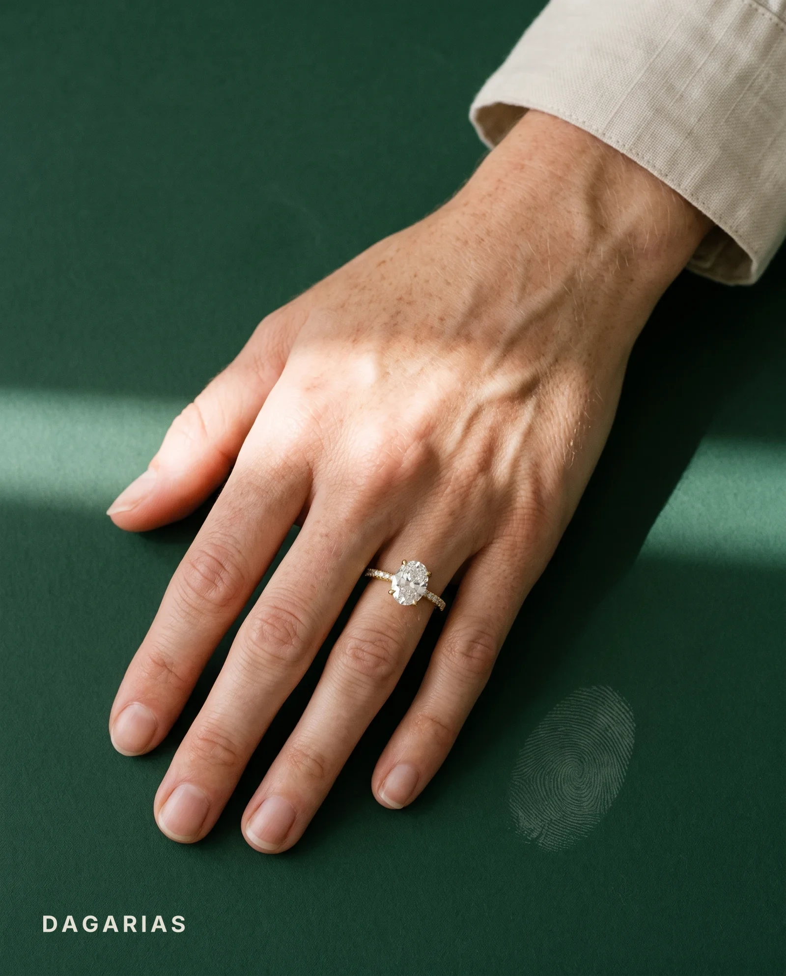 Nest, Four Prong Oval East-West Solitaire, Pavé Band, Low Set in Yellow Gold, oval, worn