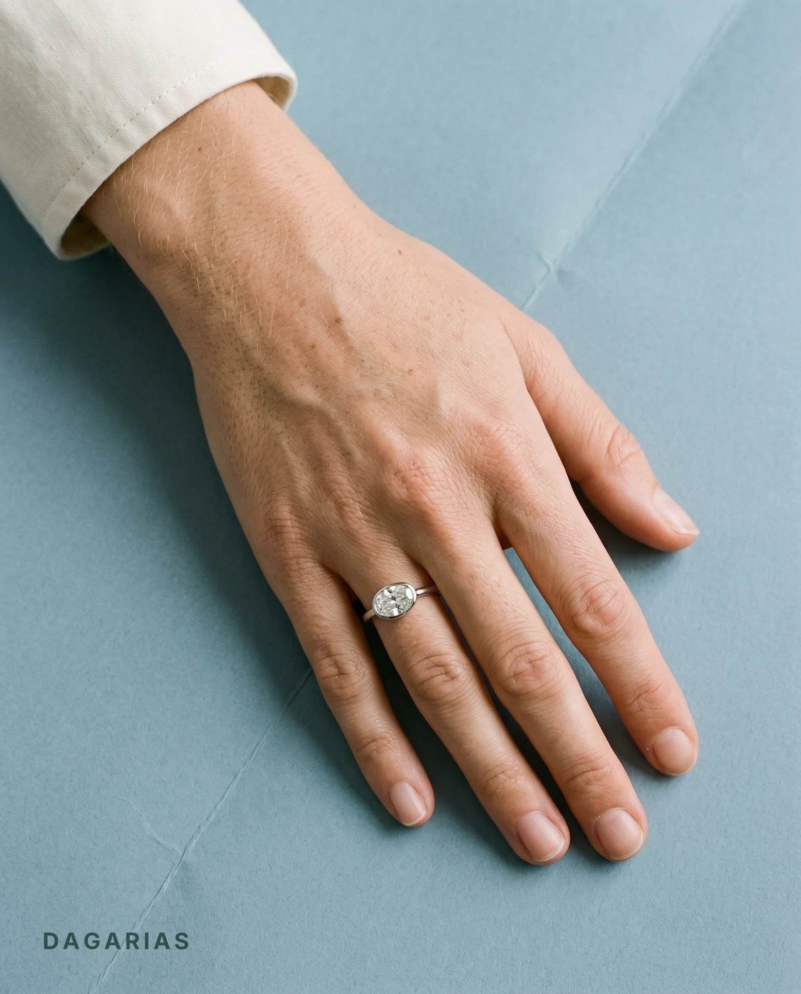 Wake, Double Claw Oval East-West Solitaire, Hidden Halo in White Gold, oval, worn