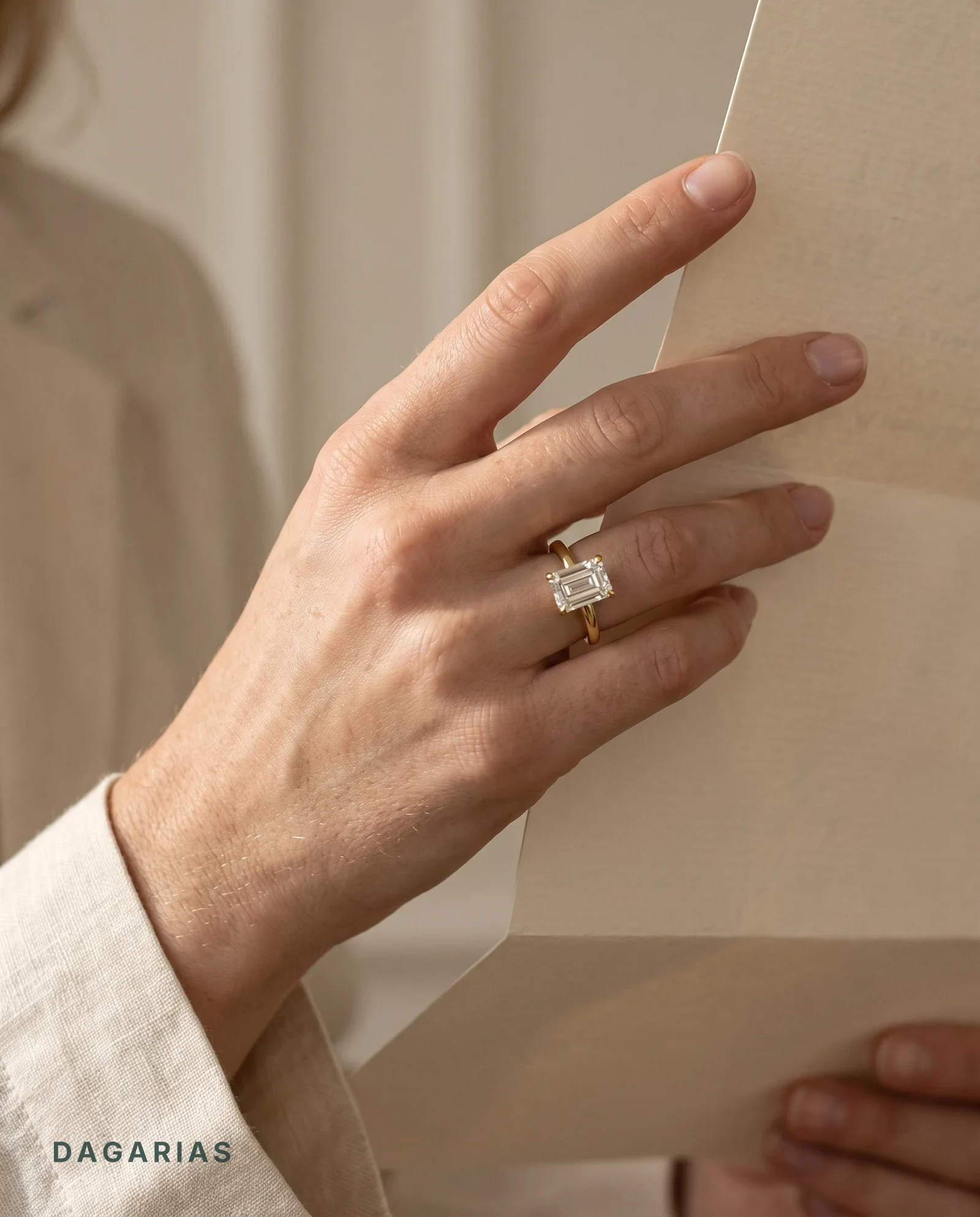 Dawn, Double Claw Emerald Solitaire, Grooved Band in Yellow Gold, emerald, worn
