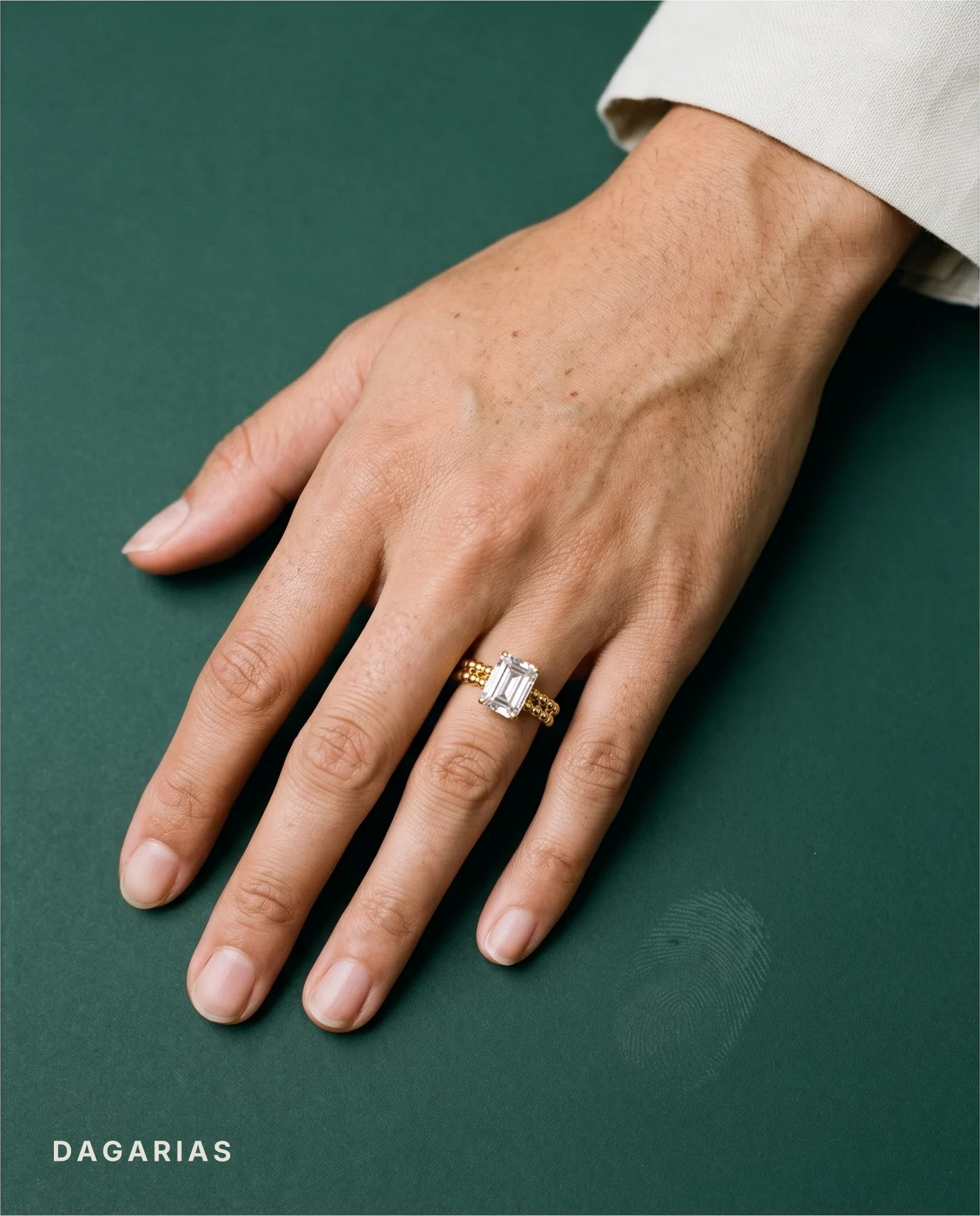 Hollow, Four Prong Emerald Solitaire, Beaded Band in Yellow Gold, emerald, worn