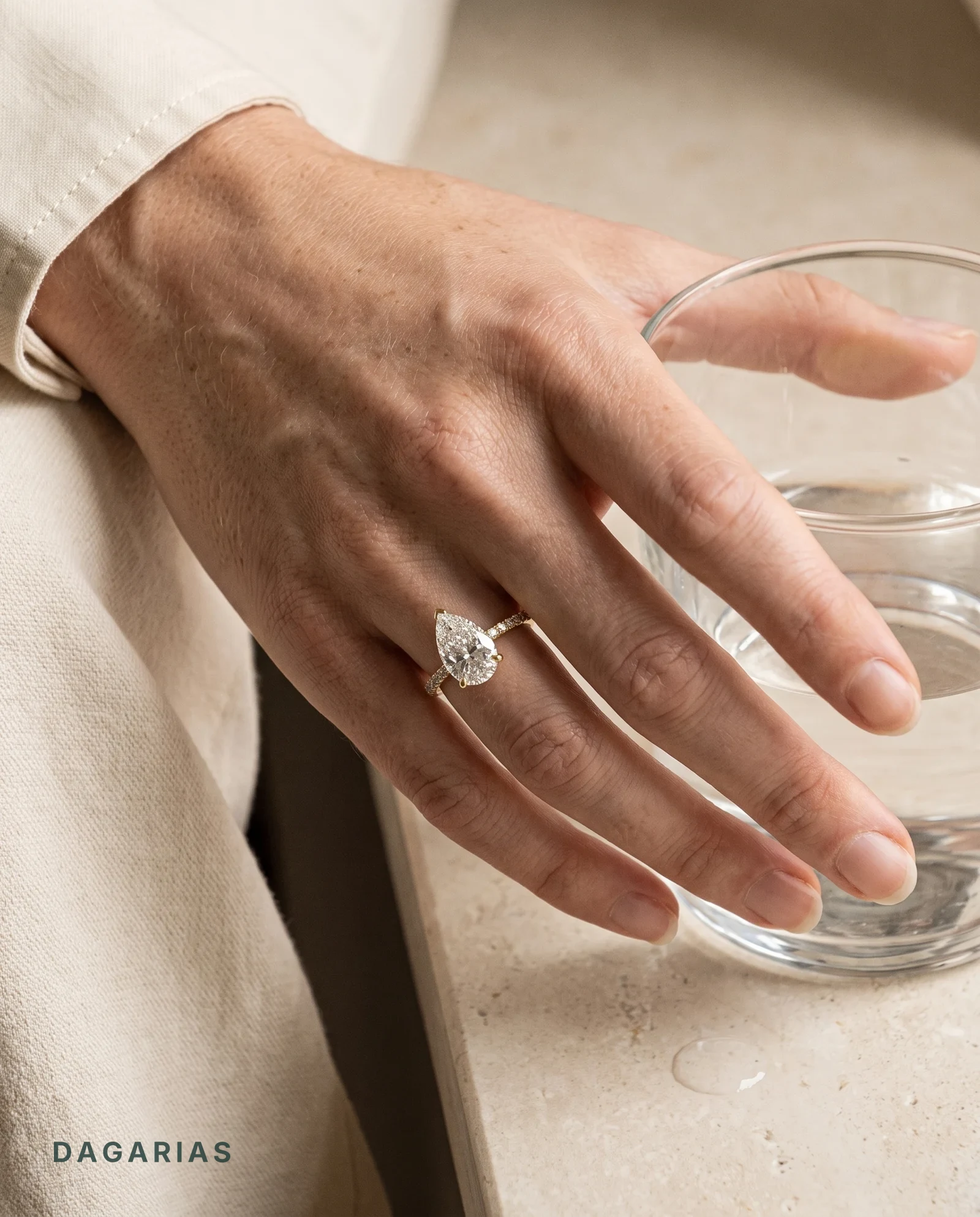 Lune, Three Prong Pear Solitaire, Pavé Band in Yellow Gold, pear, worn
