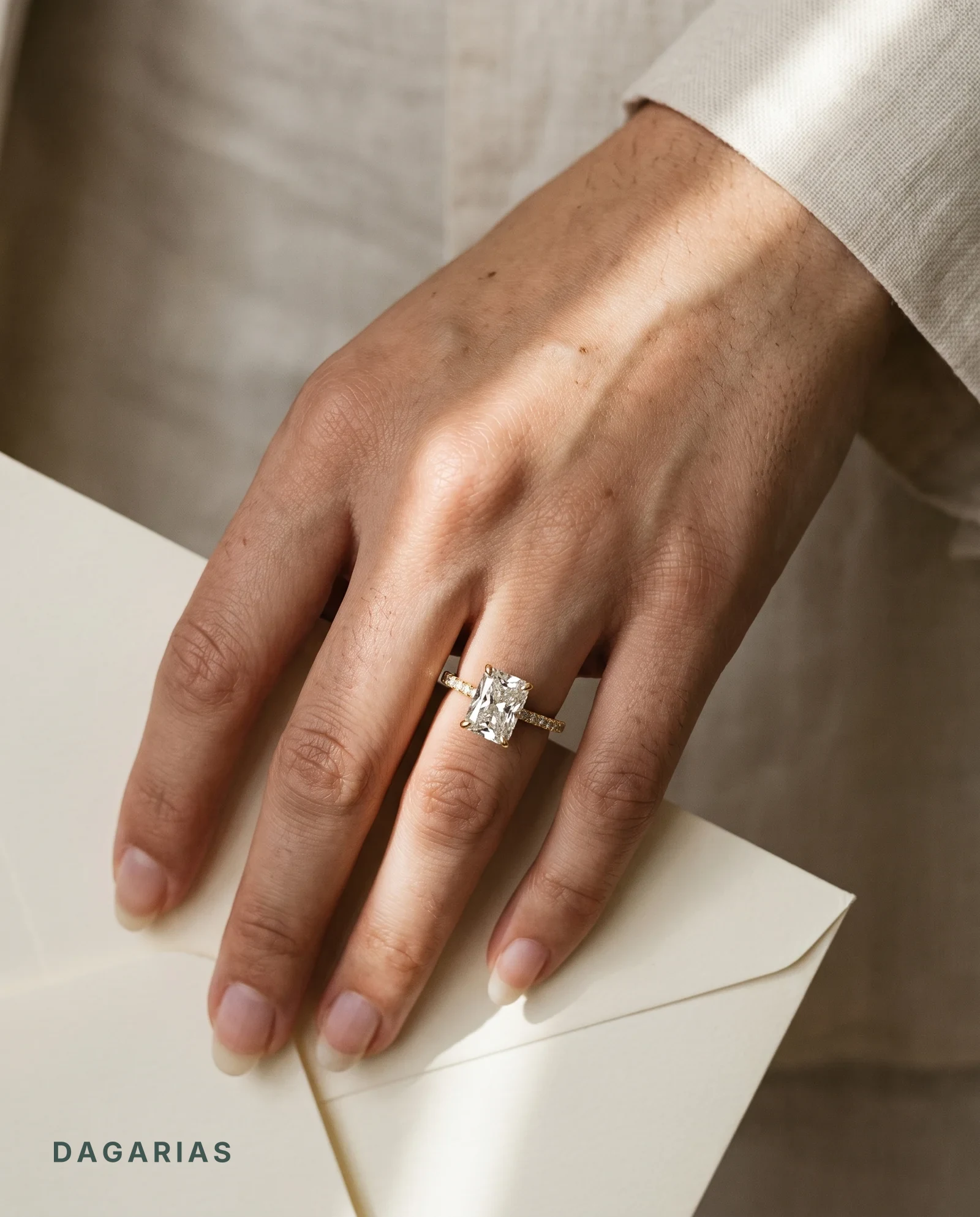 Mere, Four Prong Radiant Solitaire, Pavé Band, Cathedral Arms in Yellow Gold, radiant, worn