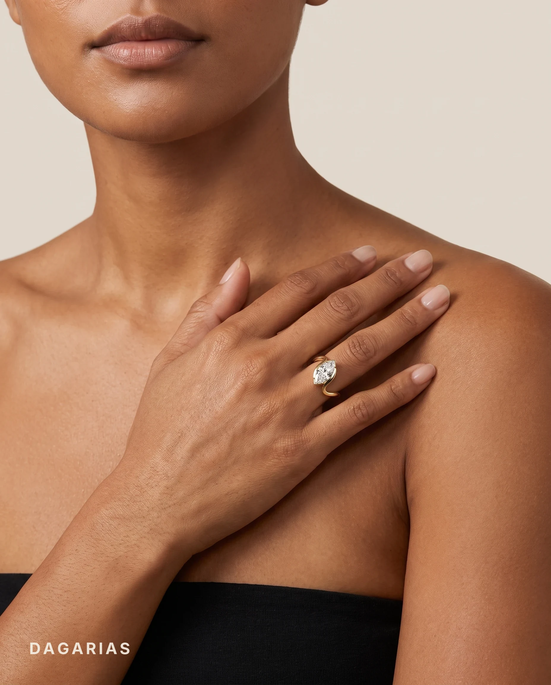 Bianca, Marquise Bezel on the Slant, Bypass Band in Yellow Gold, marquise, worn