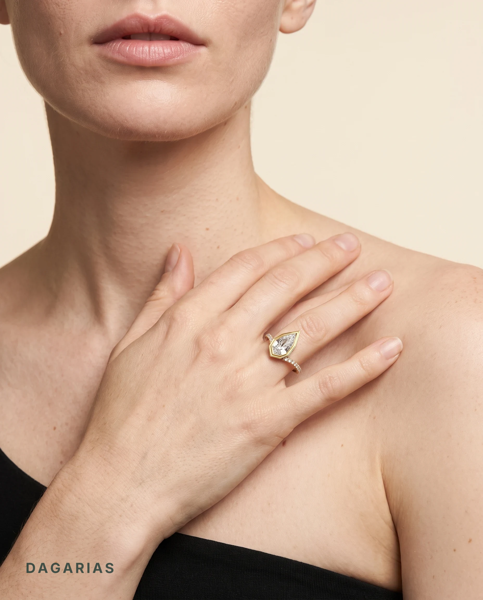 Gabriela, Step Cut Pear Bezel, Pavé Chevron Band in Yellow Gold, pear, worn