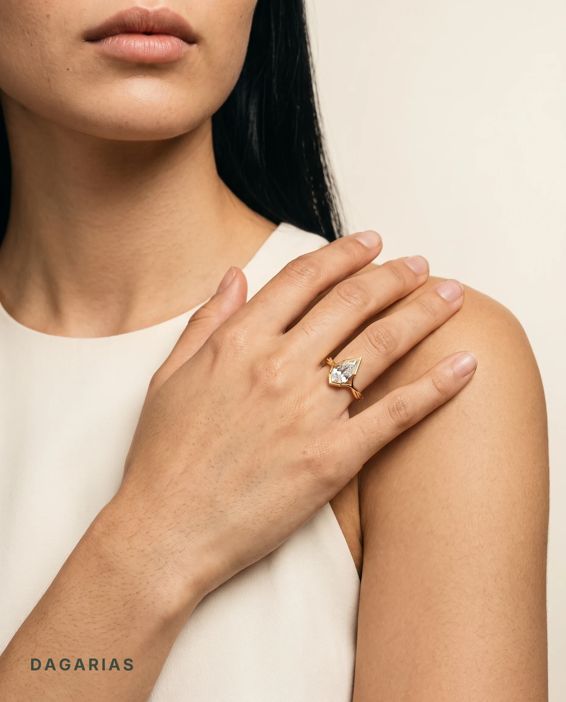 Ines, Step Cut Pear Bezel, Split Band in Yellow Gold, pear, worn