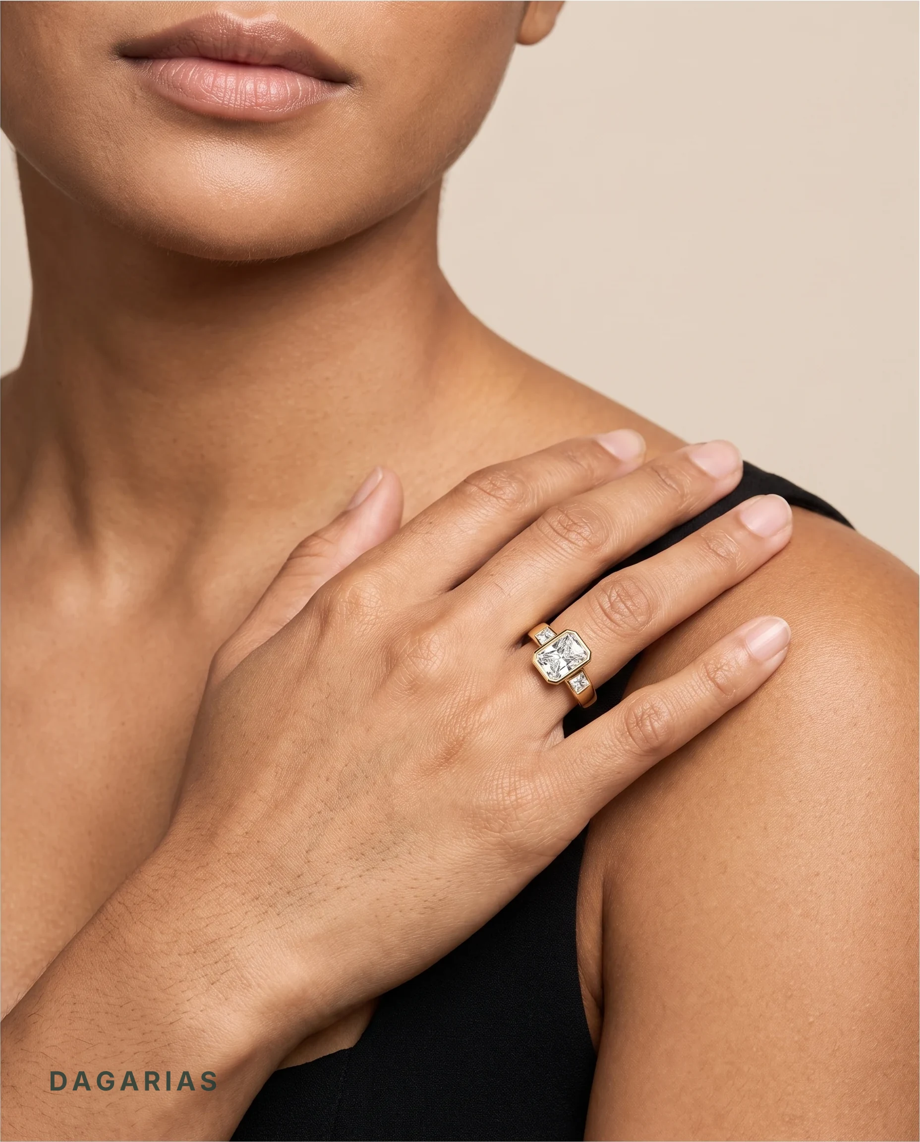 Elva, Radiant Bezel, Flush Radiant Sides, Wide Band in Yellow Gold, radiant, worn