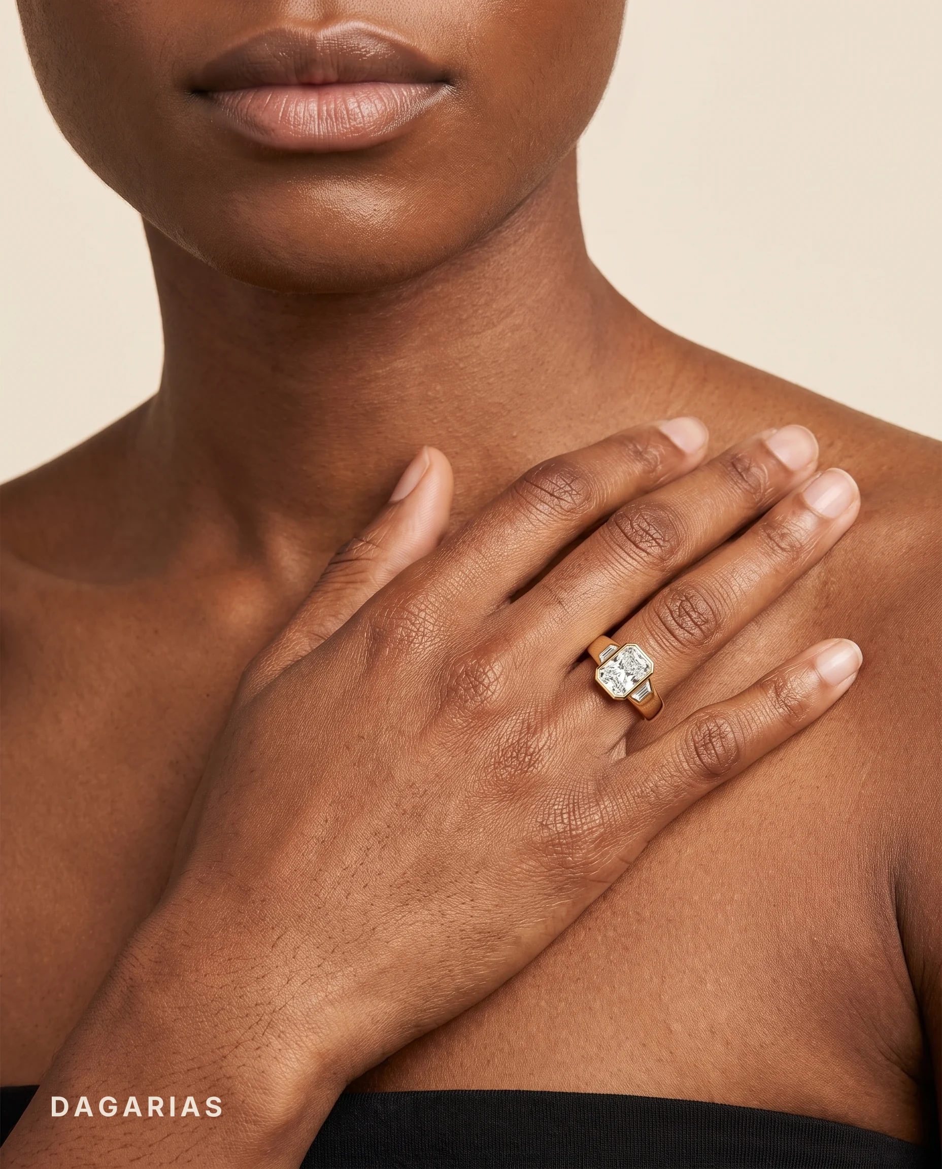 Mirabel, Radiant Bezel, Tapered Baguette Sides, Wide Band in Yellow Gold, radiant, worn