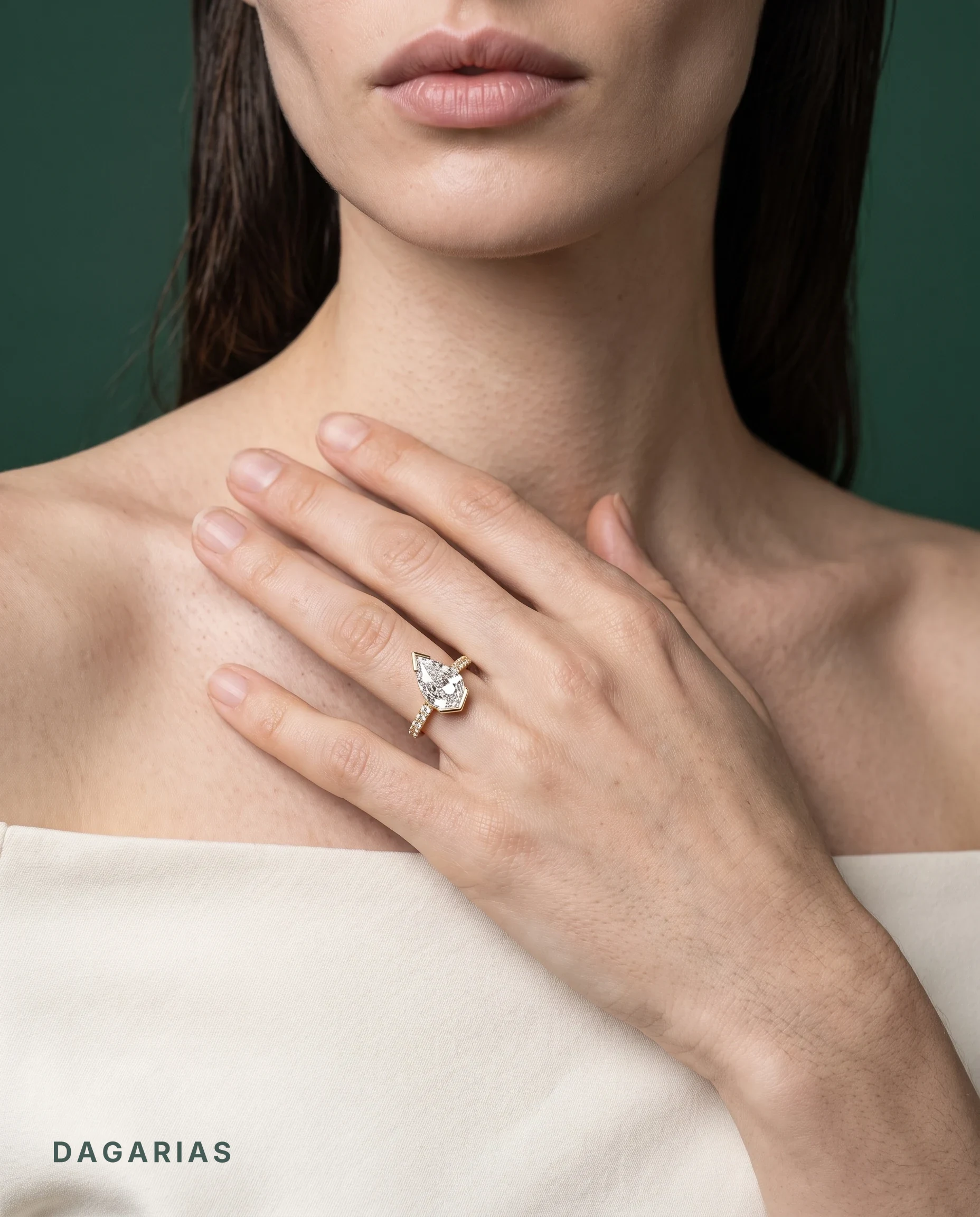 Noelle, Slanted Step Cut Pear, Open Bezel, Pavé Band in Yellow Gold, pear, worn