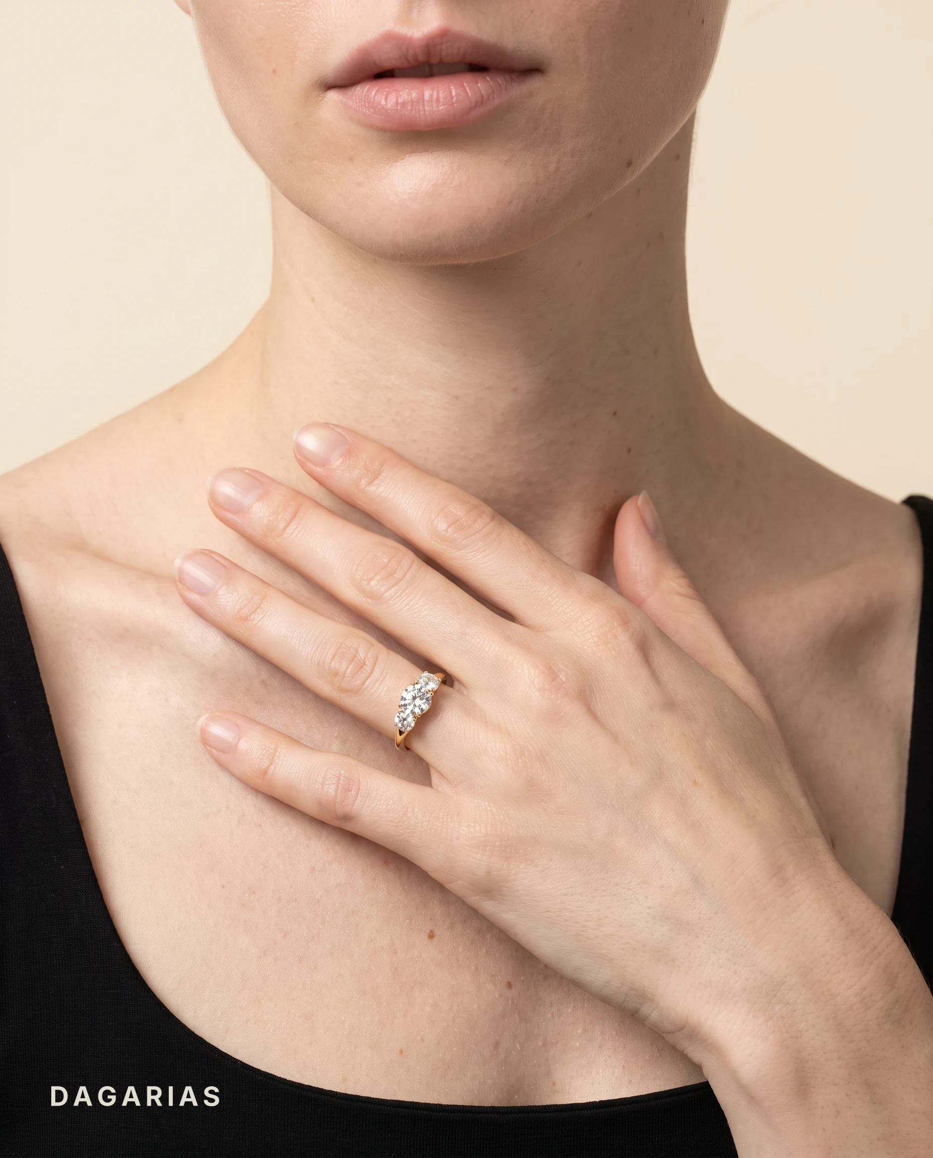 Ophelia, Three-Stone Ring, Three Rounds, Trellis Claws in Yellow Gold, round, worn