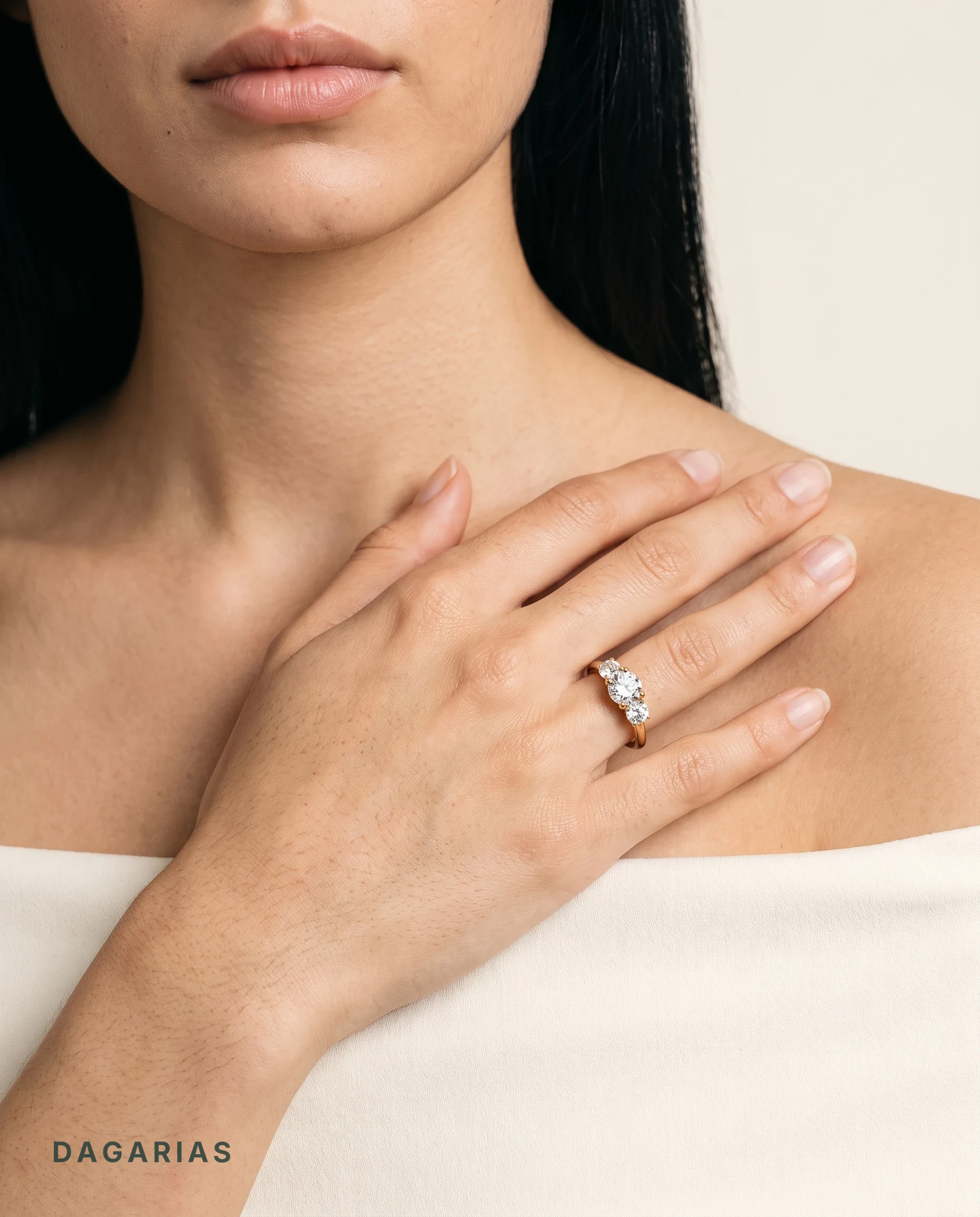 Philippa, Three-Stone Ring, Three Rounds in Yellow Gold, round, worn